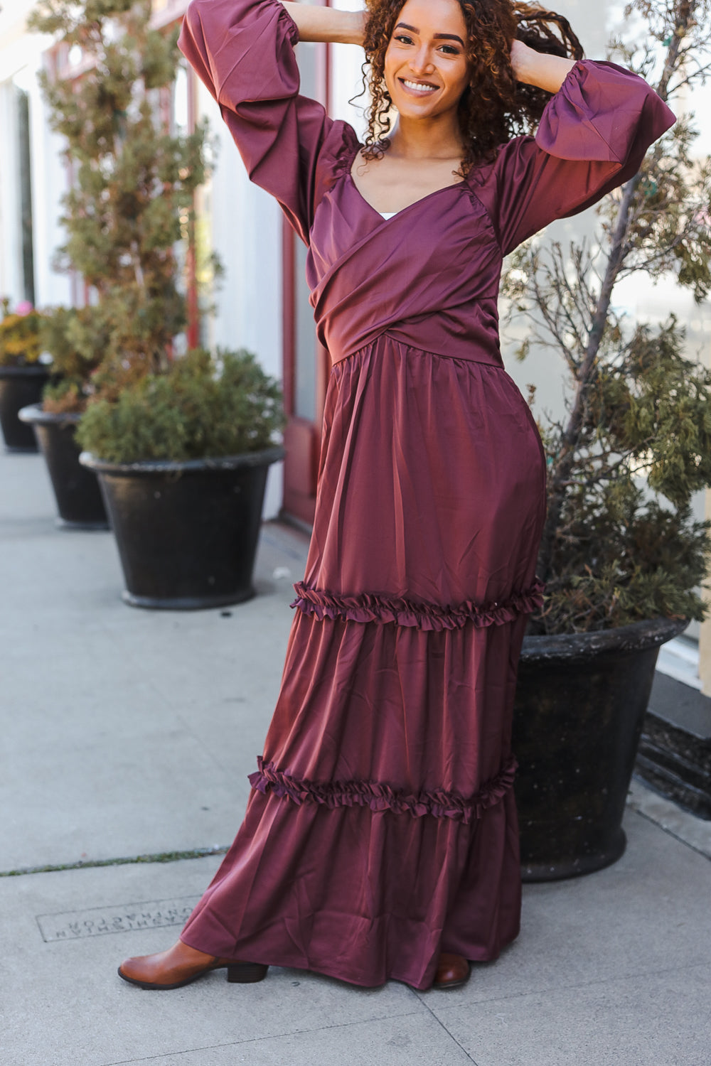 Wine Satin Front Overlap Smocked Back Maxi Dress