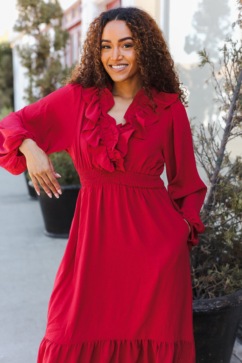 Holiday Red Overlap Ruffle V Neck Midi Dress