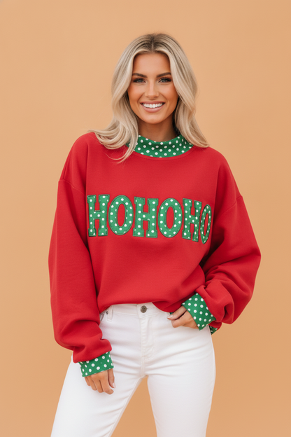 Holiday letter patch mock neck sweatshirt with polka dot trim and oversized fit, festive women’s boutique style