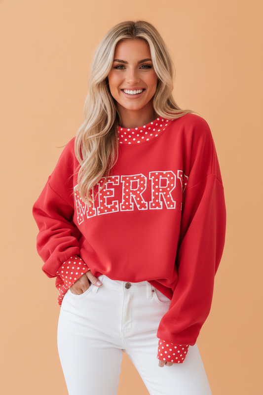 Holiday letter patch mock neck sweatshirt with polka dot trim and oversized fit, festive women’s boutique style