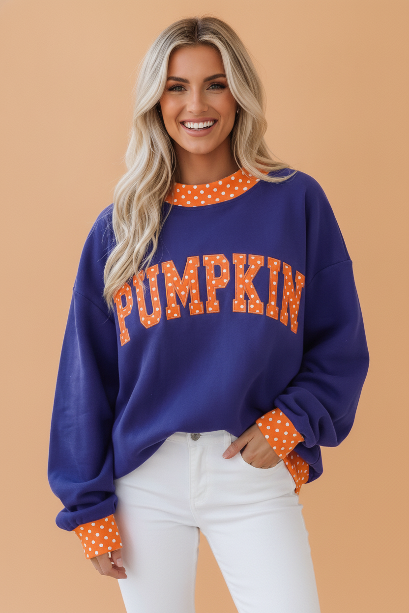Holiday letter patch mock neck sweatshirt with polka dot trim and oversized fit, festive women’s boutique style