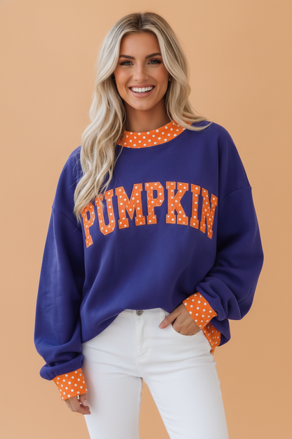 Holiday letter patch mock neck sweatshirt with polka dot trim and oversized fit, festive women’s boutique style