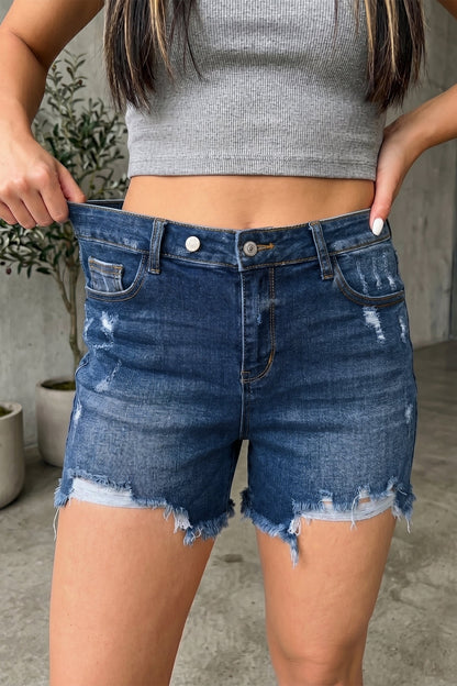 Holland Distressed High Waist Denim Shorts in Sail Blue | Mollie Mae Boutique