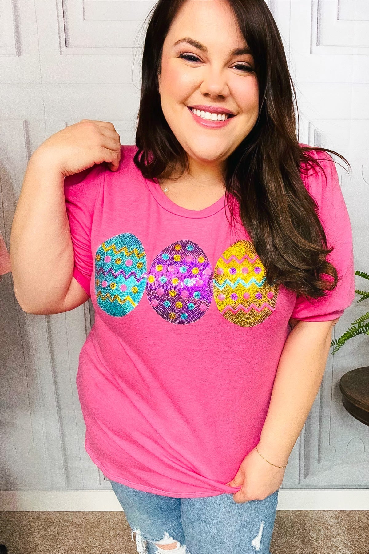 Haptics Hot Pink Sequin Easter Egg Terry Top