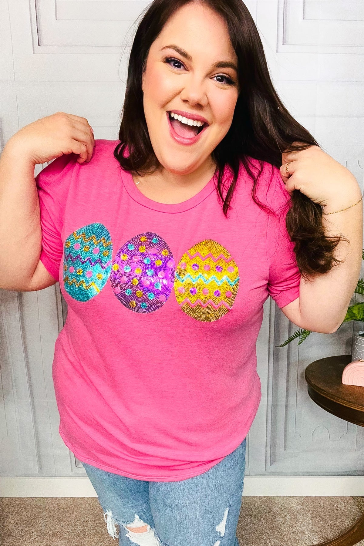 Haptics Hot Pink Sequin Easter Egg Terry Top