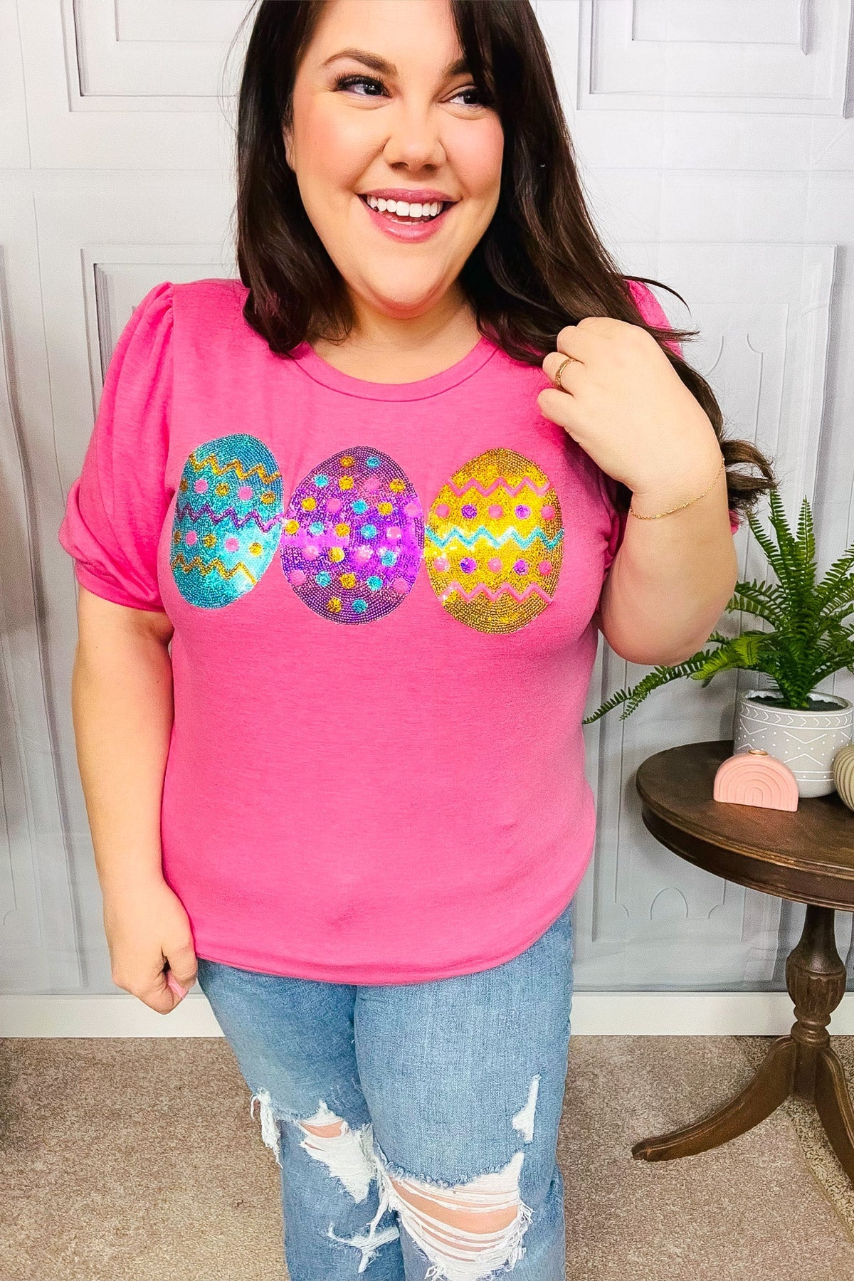 Haptics Hot Pink Sequin Easter Egg Terry Top