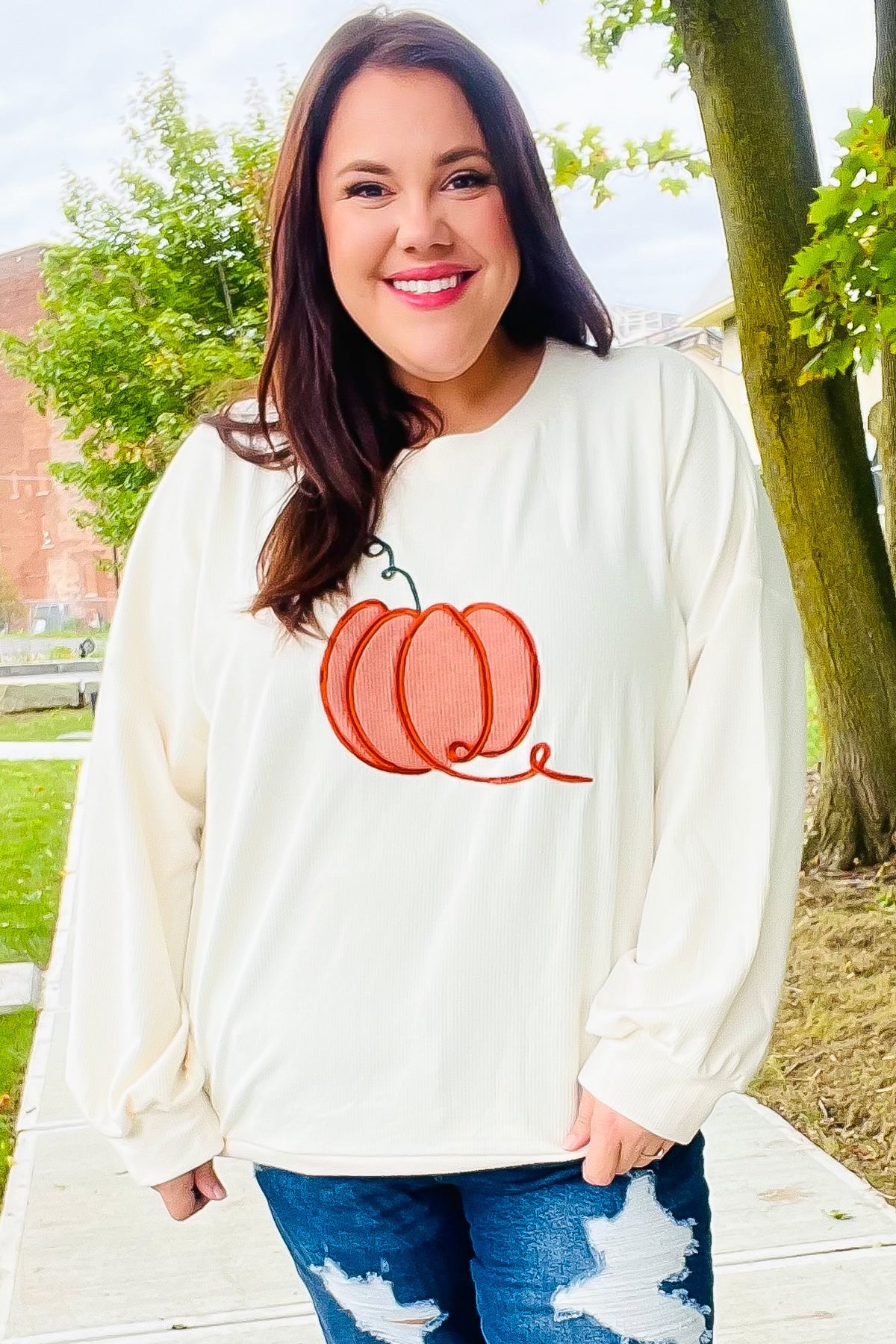 Haptics Ivory Embroidered Pumpkin Knit Sweater