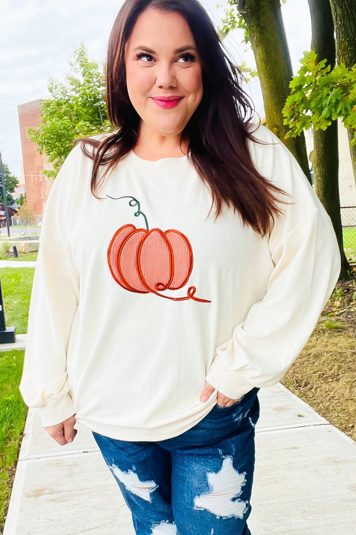 Haptics Ivory Embroidered Pumpkin Knit Sweater