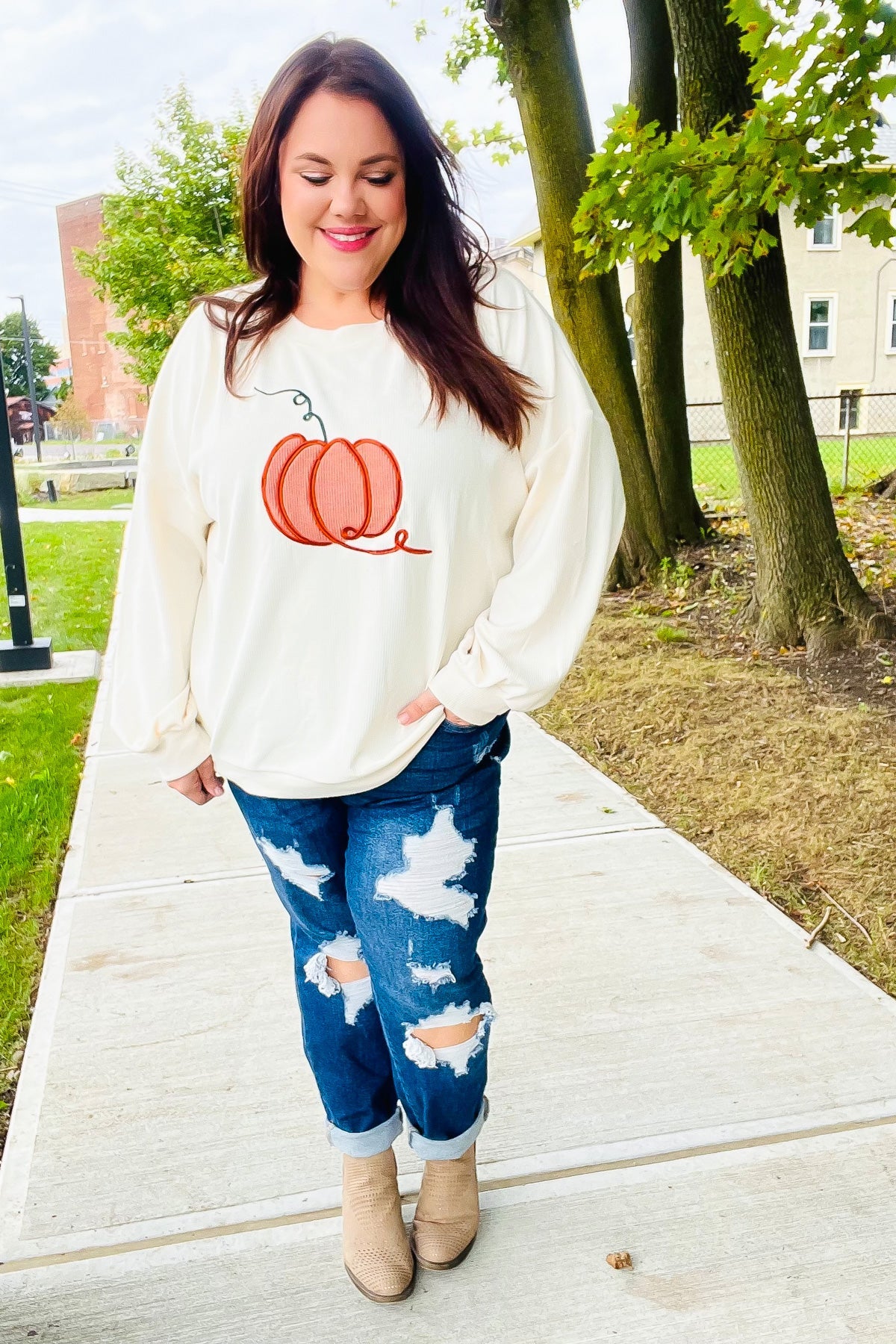 Haptics Ivory Embroidered Pumpkin Knit Sweater