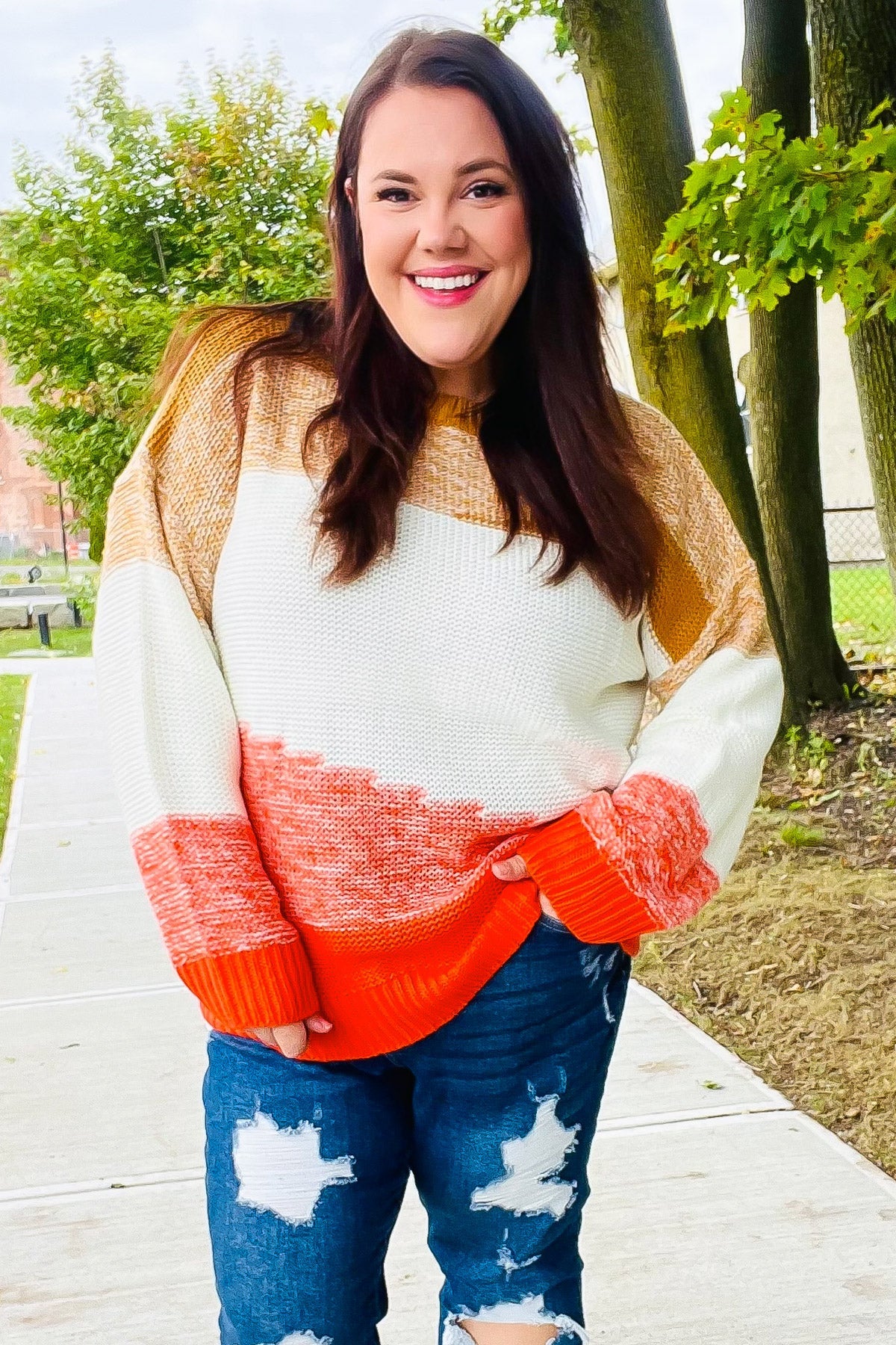 Haptics Camel & Orange Color Block Sweater