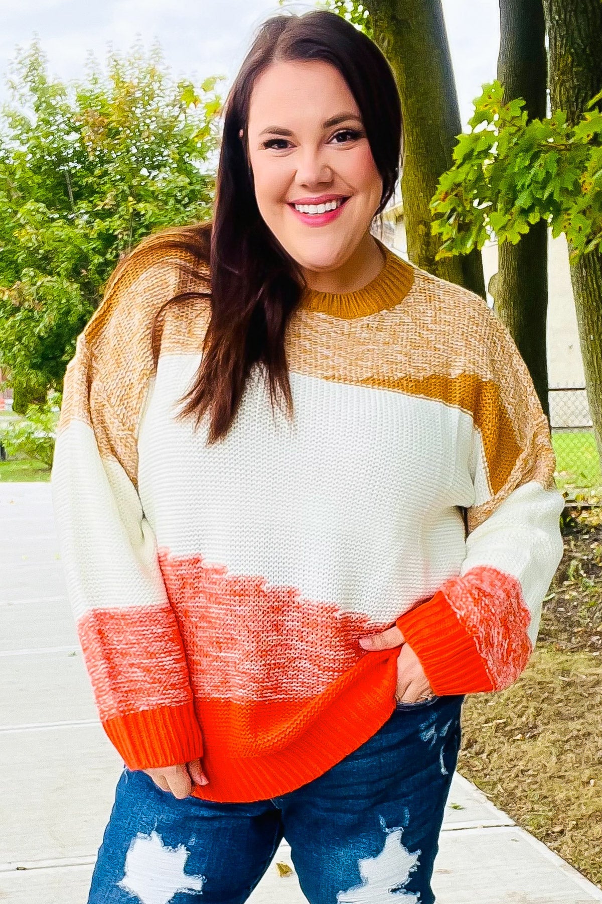 Haptics Camel & Orange Color Block Sweater