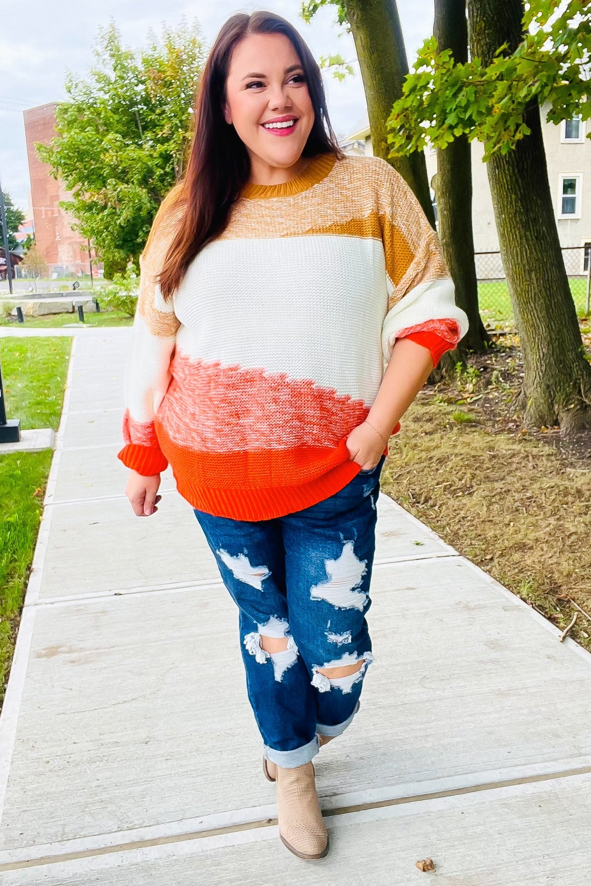 Haptics Camel & Orange Color Block Sweater