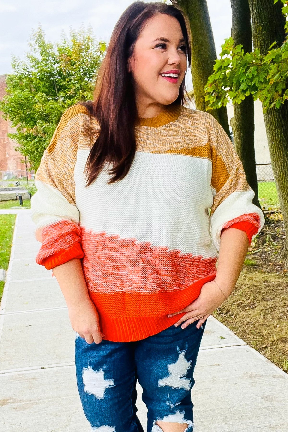 Haptics Camel & Orange Color Block Sweater