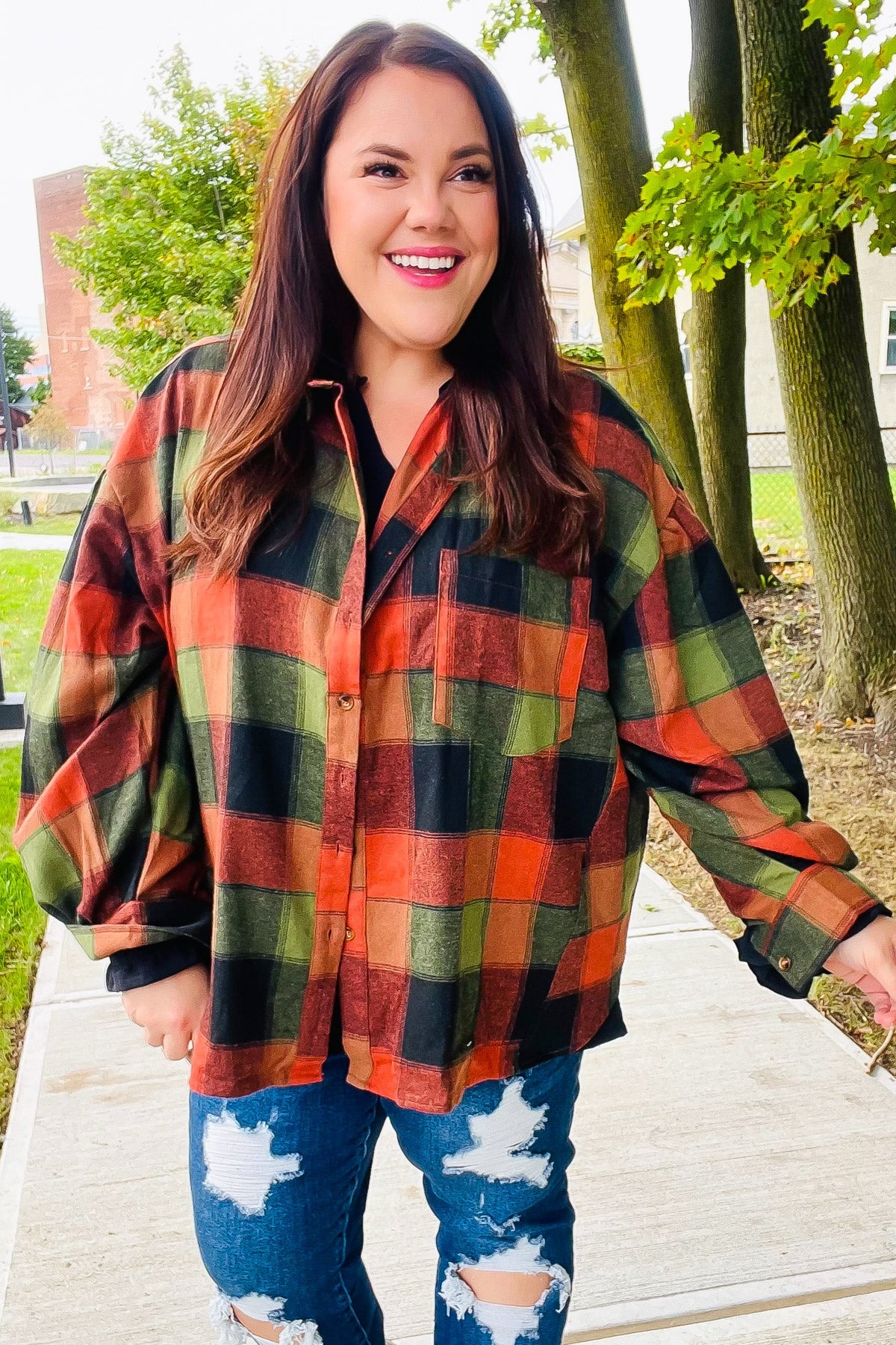 Haptics Olive & Rust Button Down Oversized Shirt