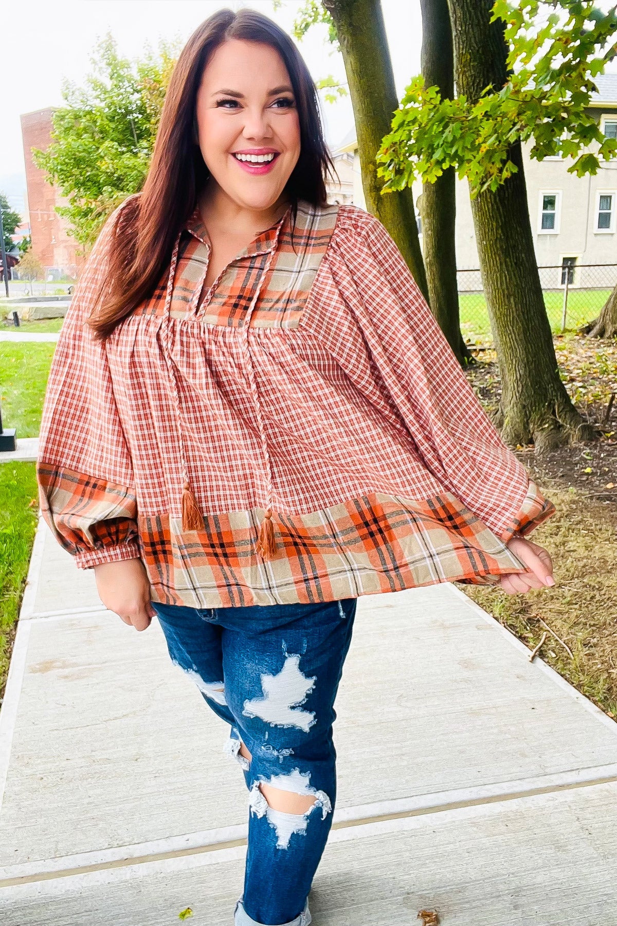 Haptics Rust Plaid Color Block Notch Neck Top