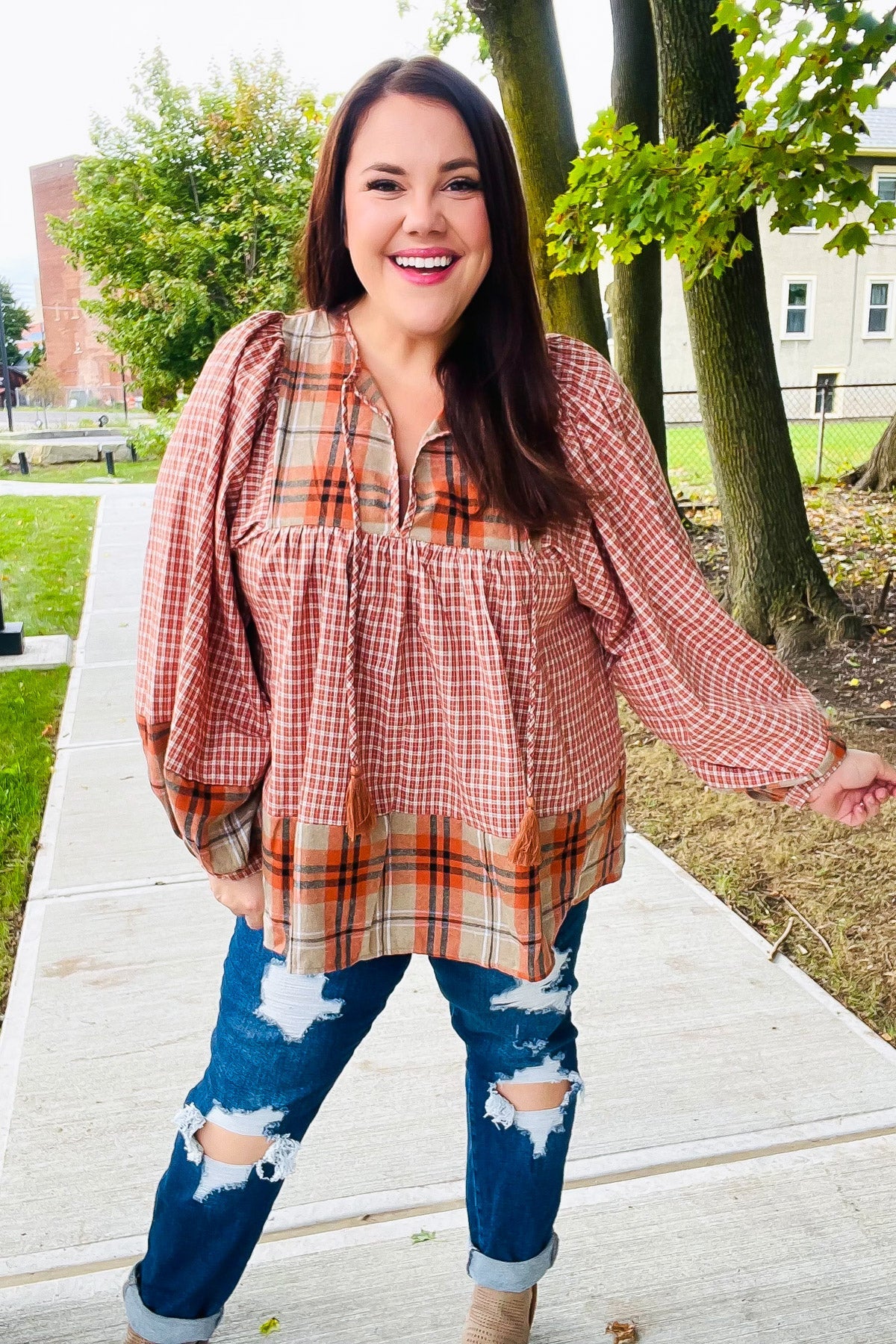 Haptics Rust Plaid Color Block Notch Neck Top