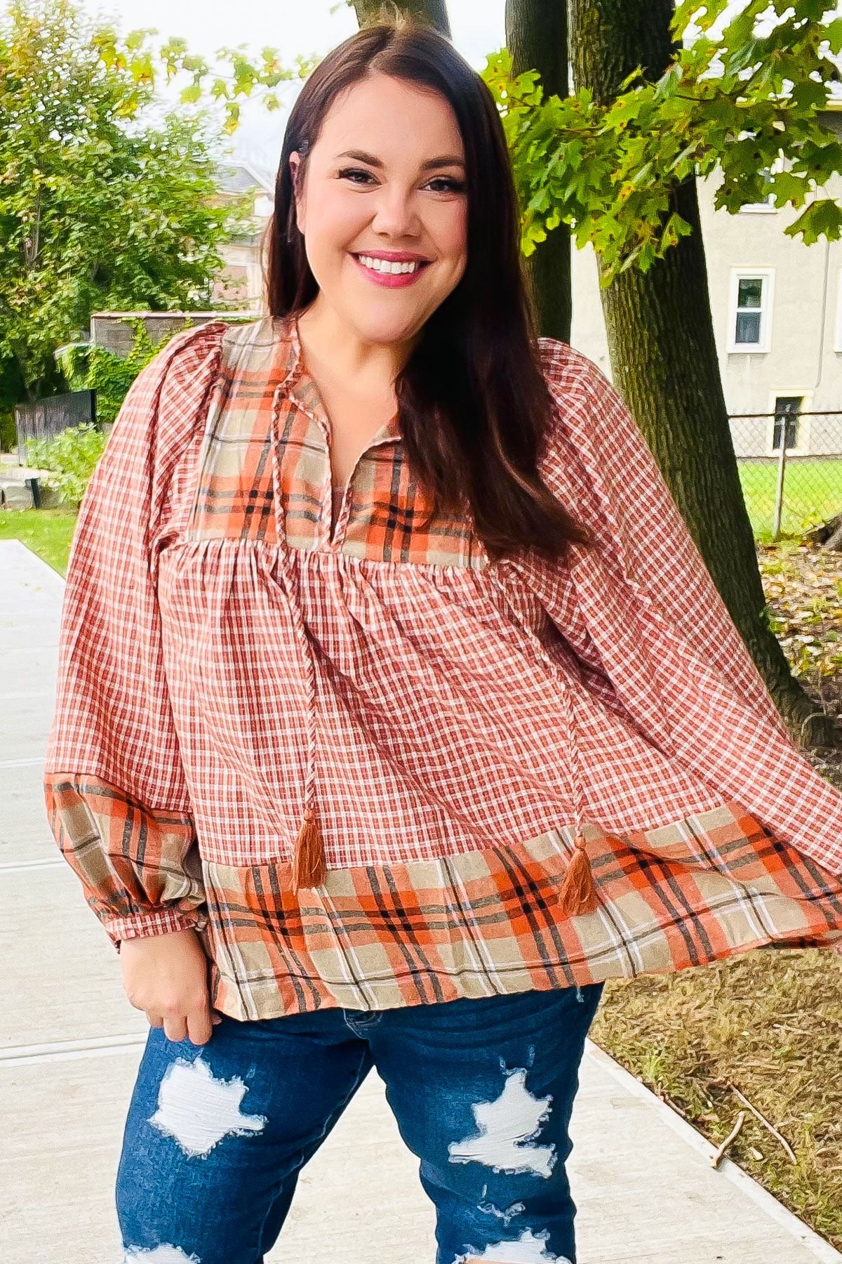 Haptics Rust Plaid Color Block Notch Neck Top