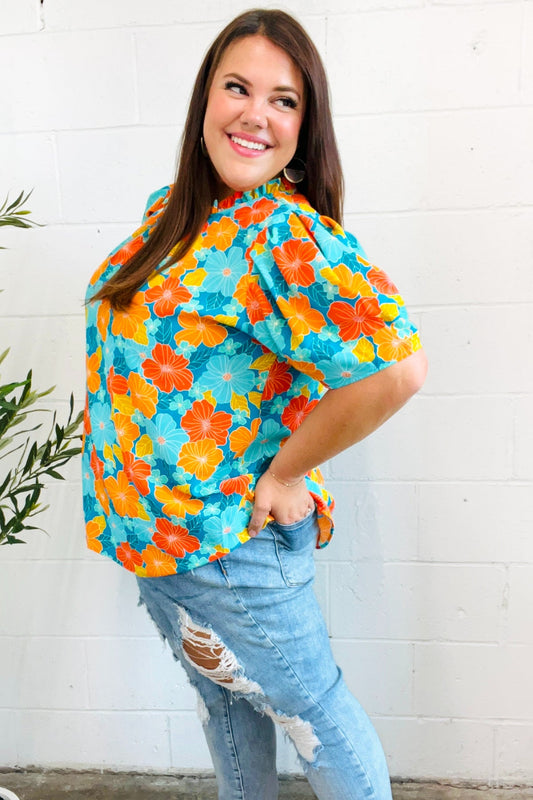 Haptics Blue & Orange Floral Frill Mock Neck Top