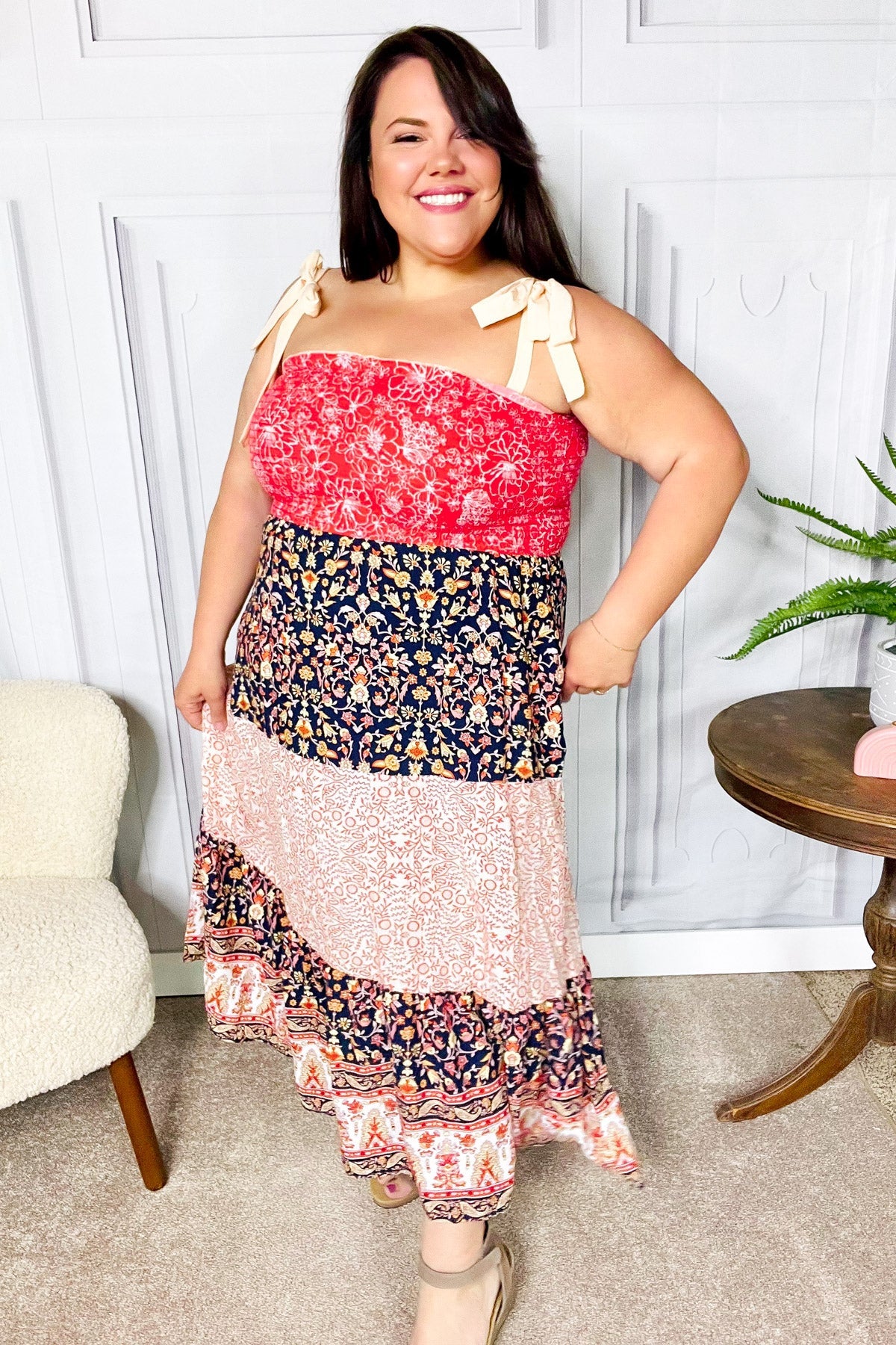 Haptics Orange Floral Smocked Tube Top Tiered Maxi Dress