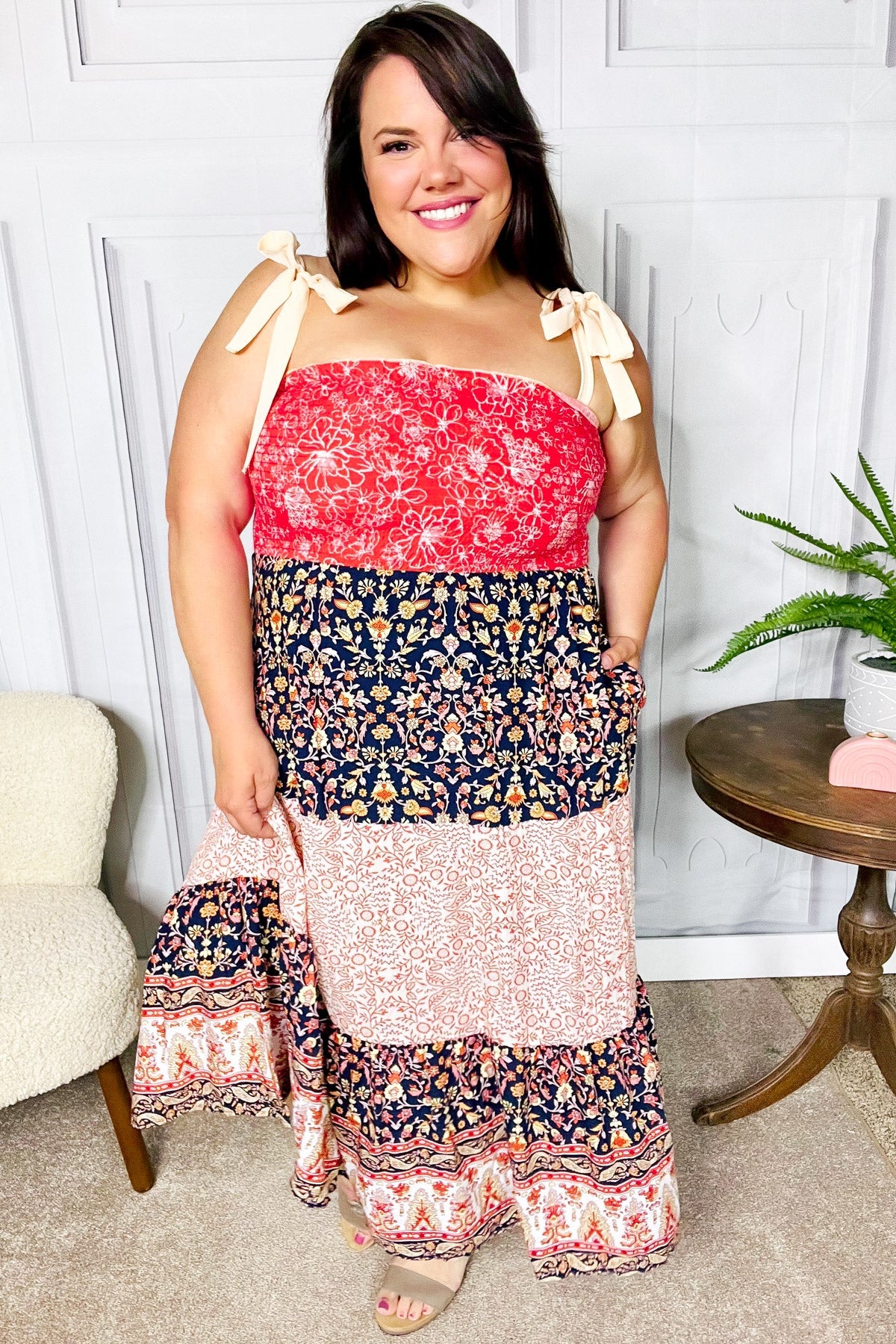 Haptics Orange Floral Smocked Tube Top Tiered Maxi Dress