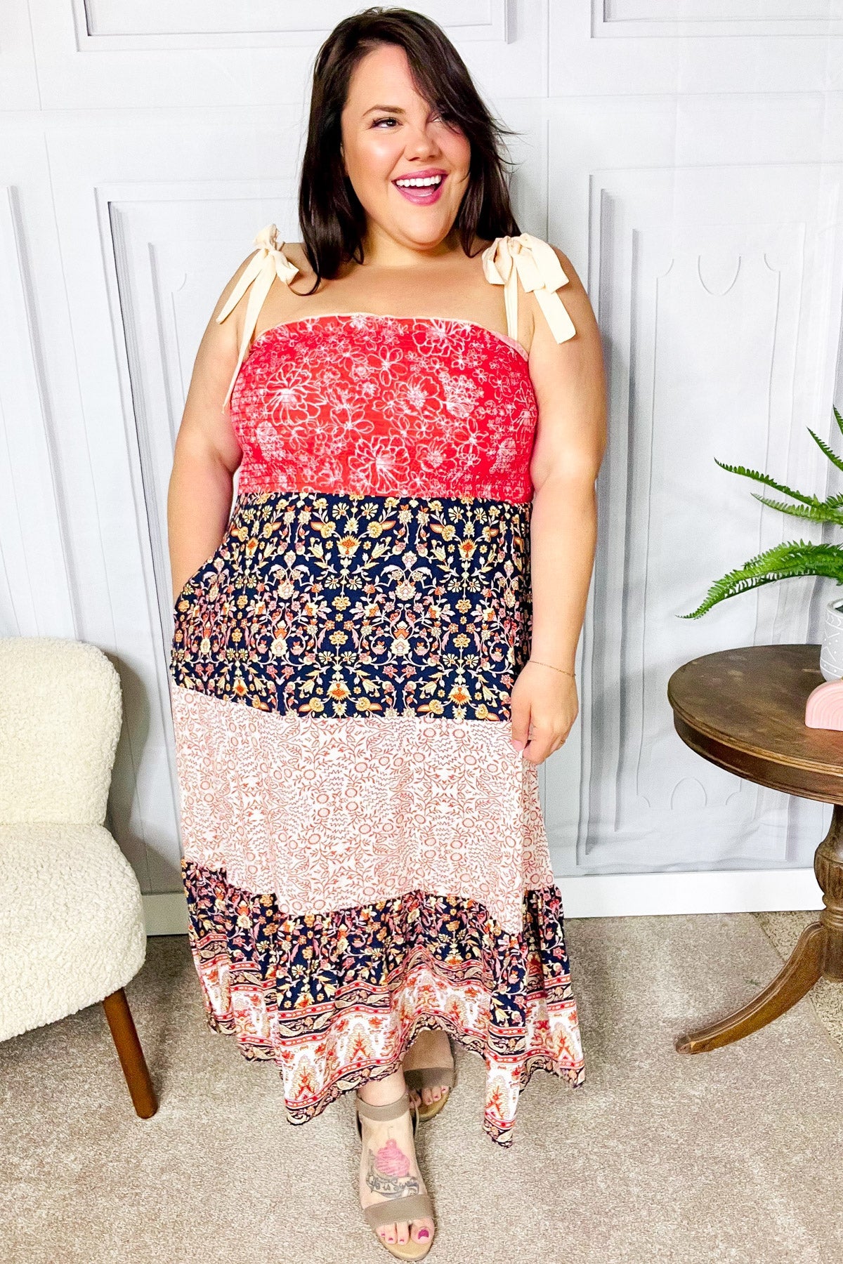 Haptics Orange Floral Smocked Tube Top Tiered Maxi Dress