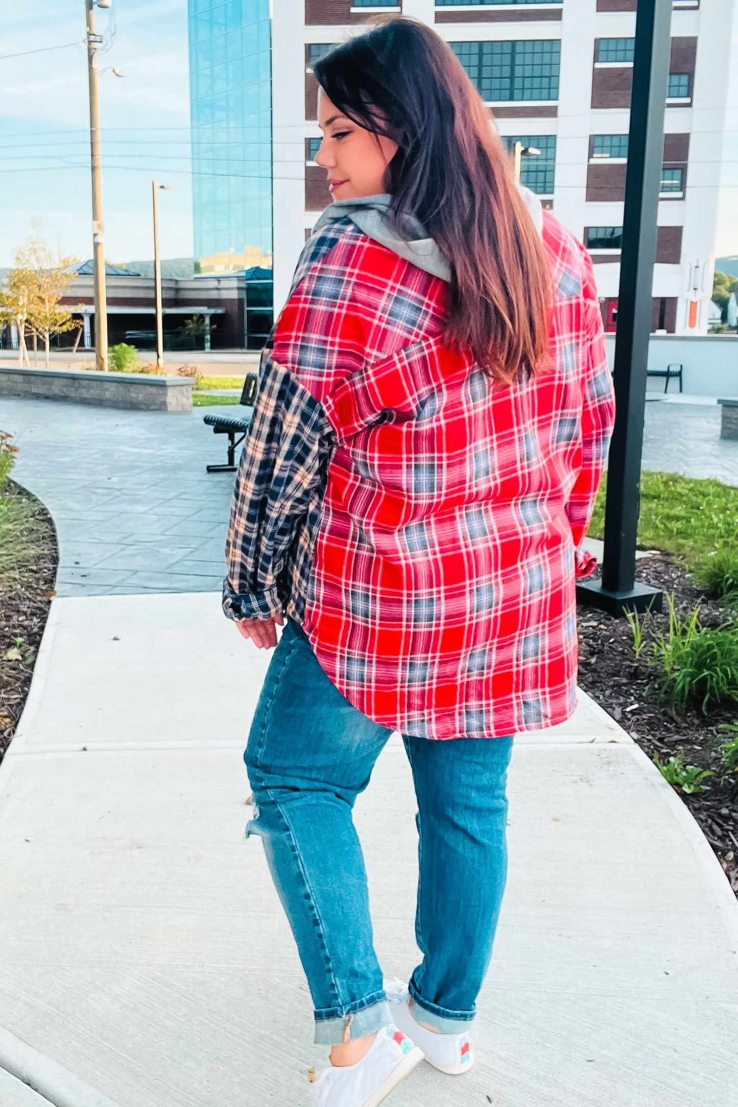 Haptics Red & Navy Plaid Color Block Button Down Hoodie