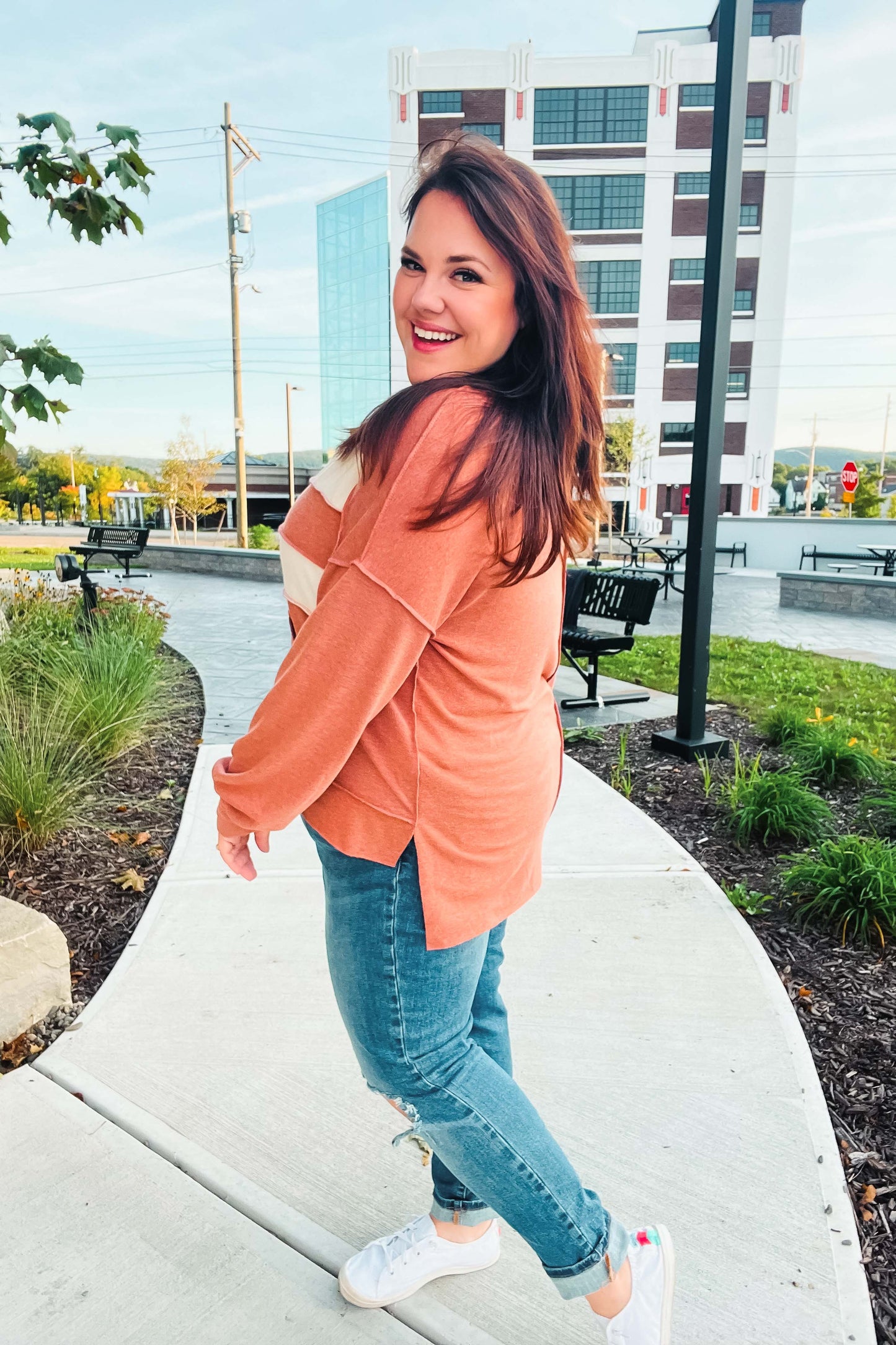 Haptics Rust Stripe Color Block French Terry Hoodie