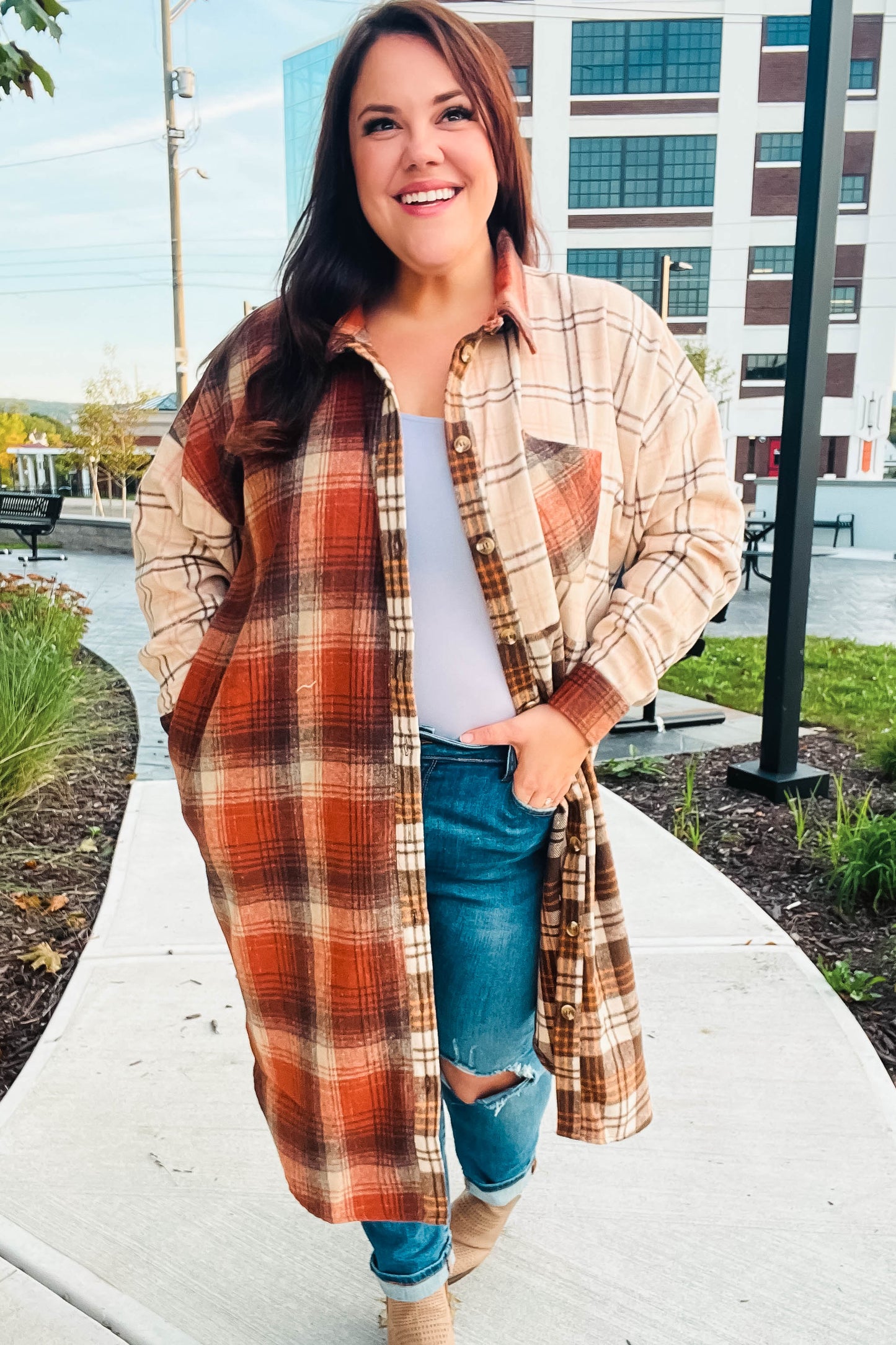 Haptics Rust & Taupe Color Block Plaid Longline Shacket