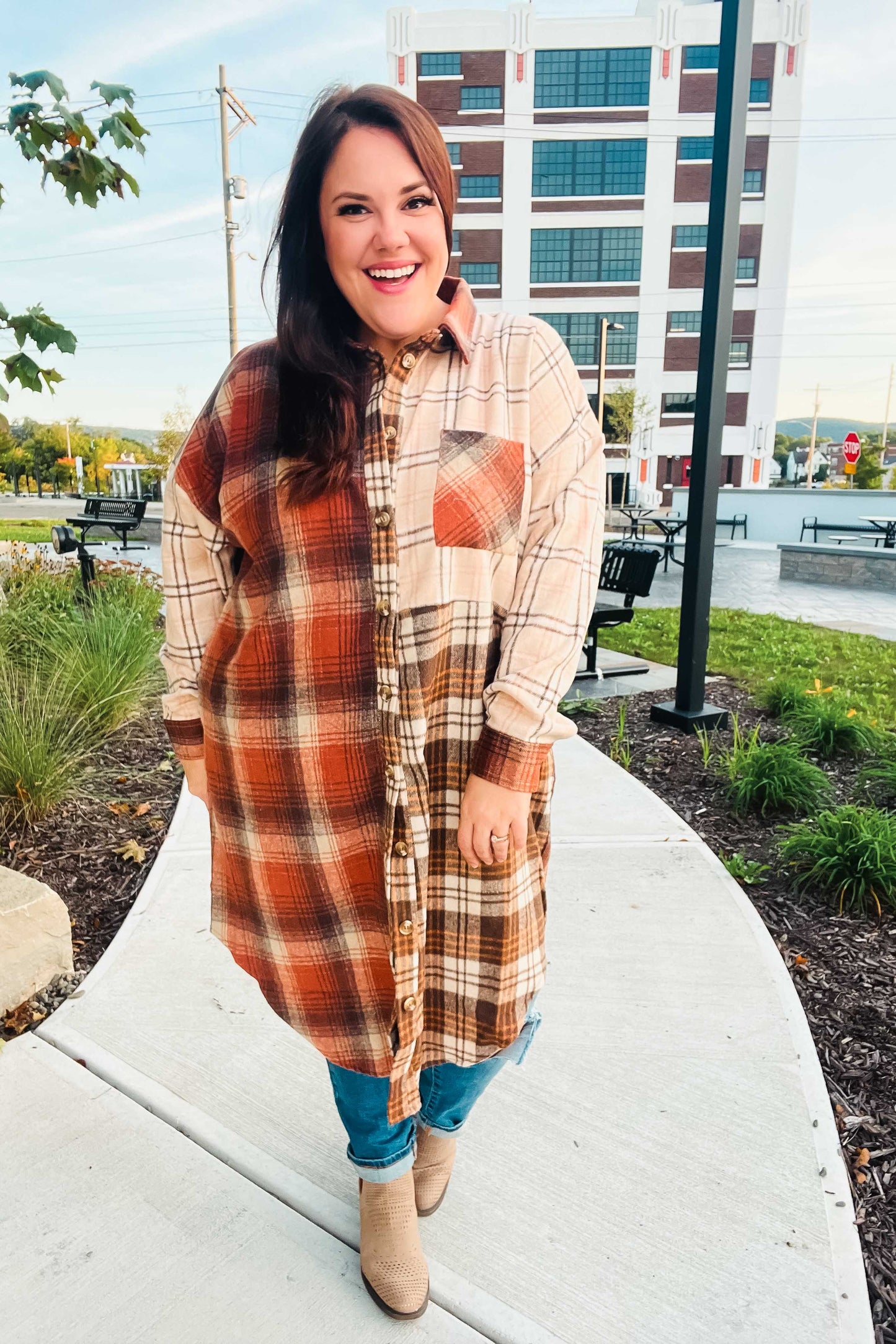 Haptics Rust & Taupe Color Block Plaid Longline Shacket