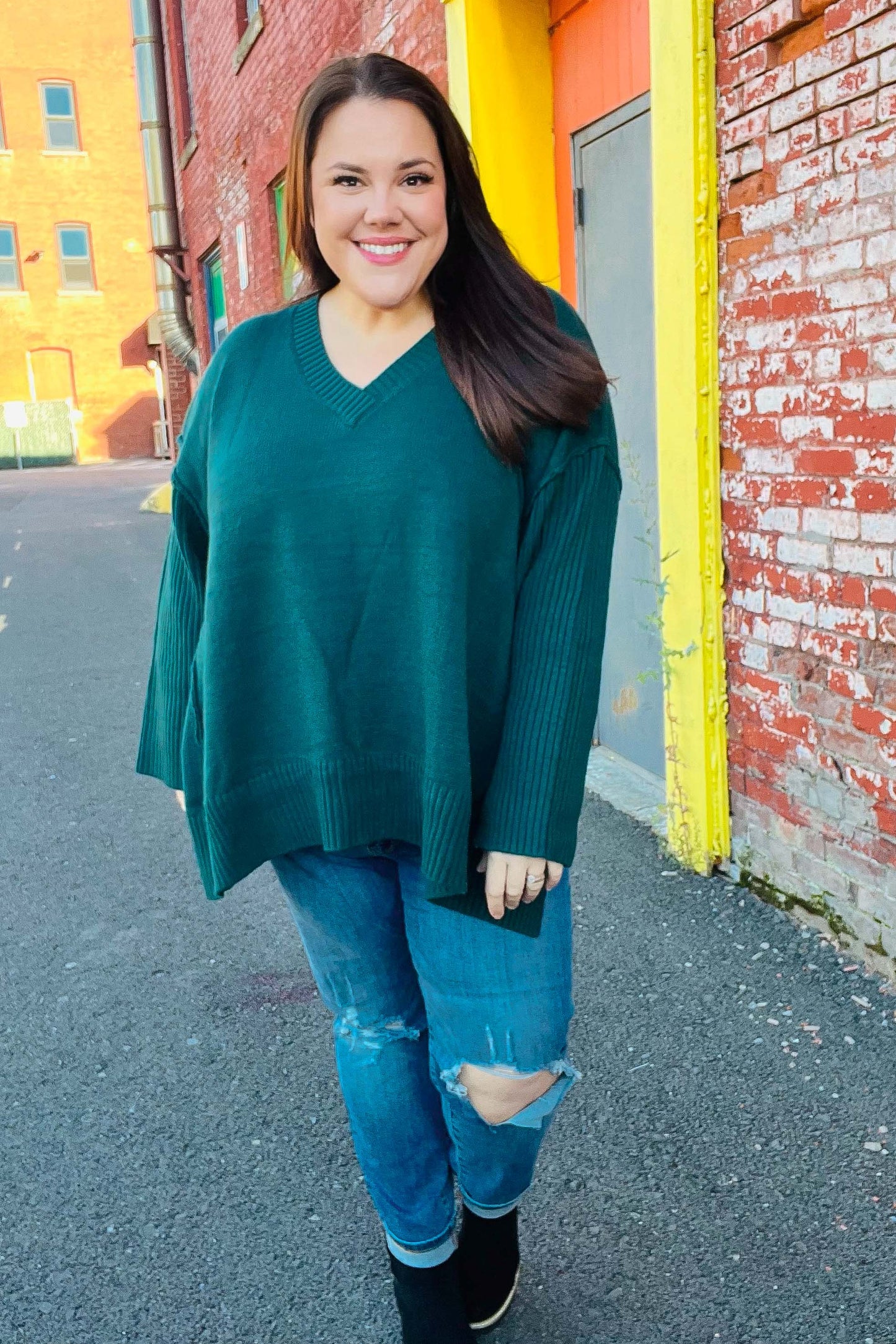 Haprics Hunter Green Oversized V Neck Rib Knit Sweater