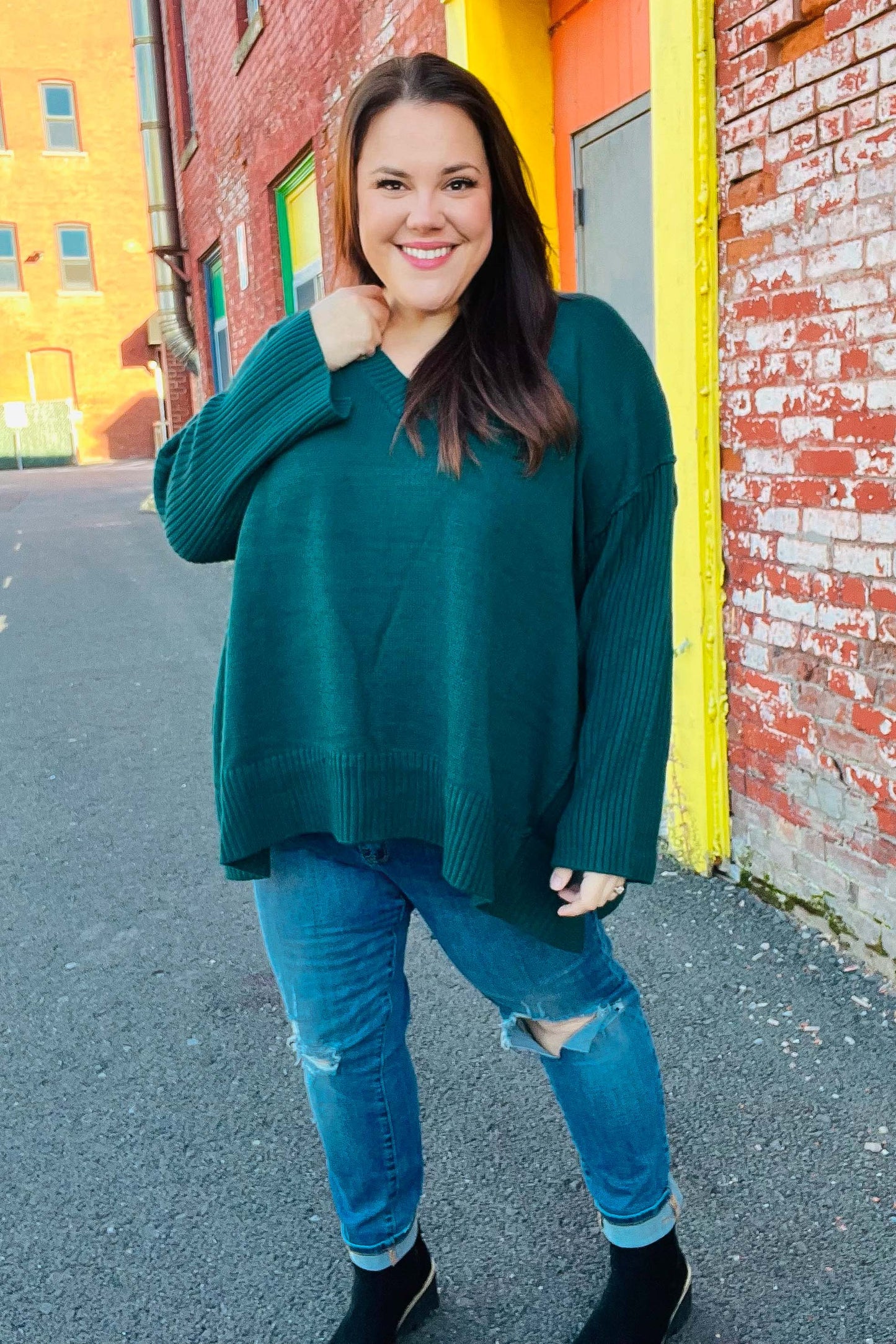 Haprics Hunter Green Oversized V Neck Rib Knit Sweater