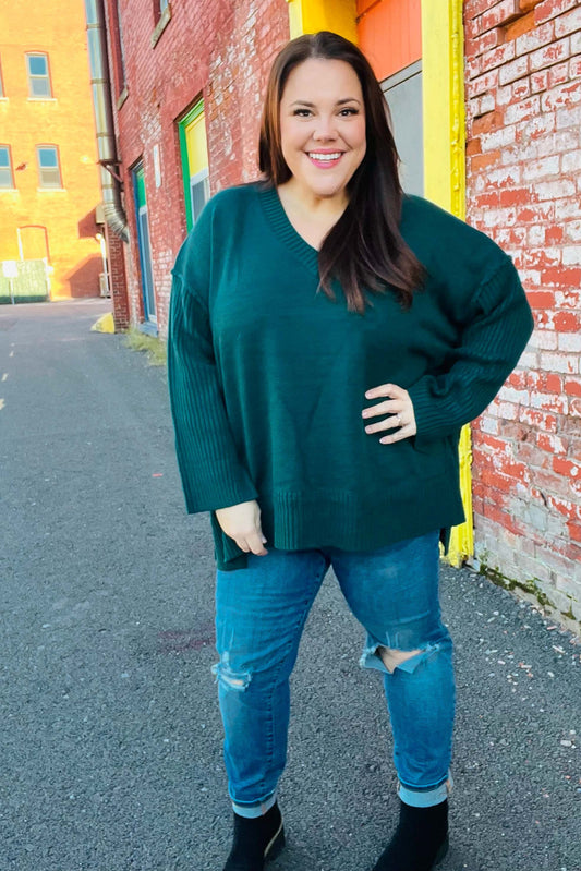 Haprics Hunter Green Oversized V Neck Rib Knit Sweater