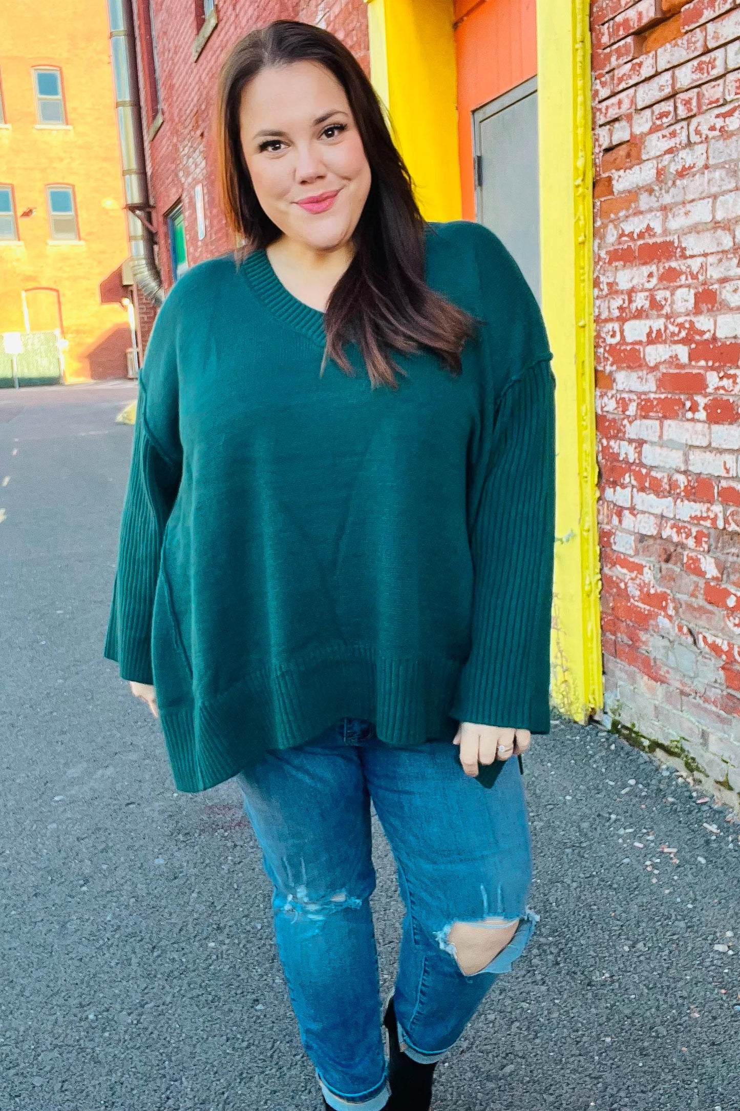 Haprics Hunter Green Oversized V Neck Rib Knit Sweater