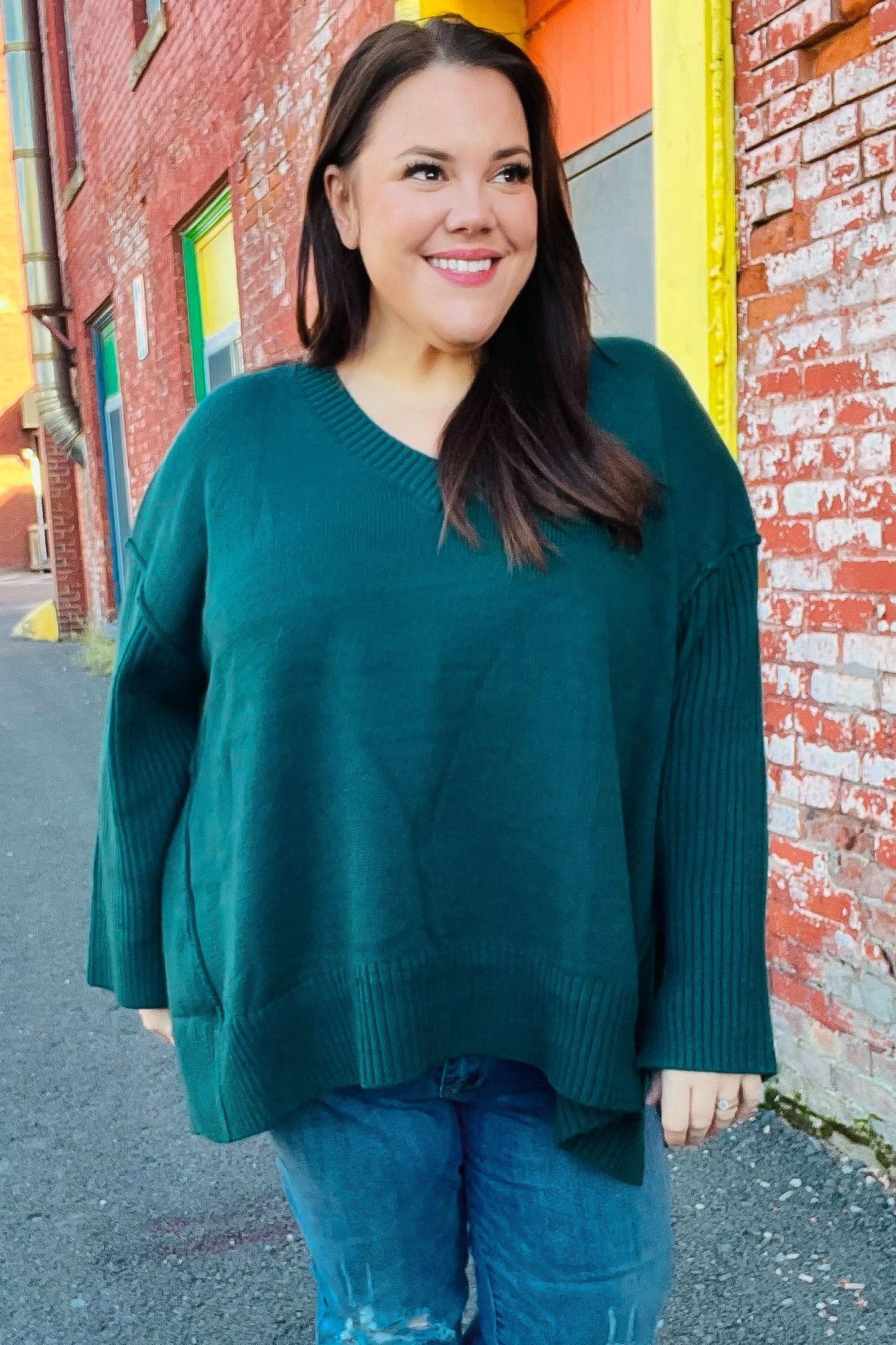 Haprics Hunter Green Oversized V Neck Rib Knit Sweater