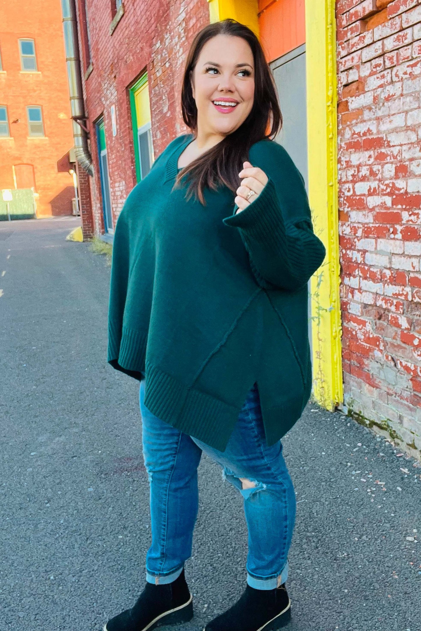 Haprics Hunter Green Oversized V Neck Rib Knit Sweater