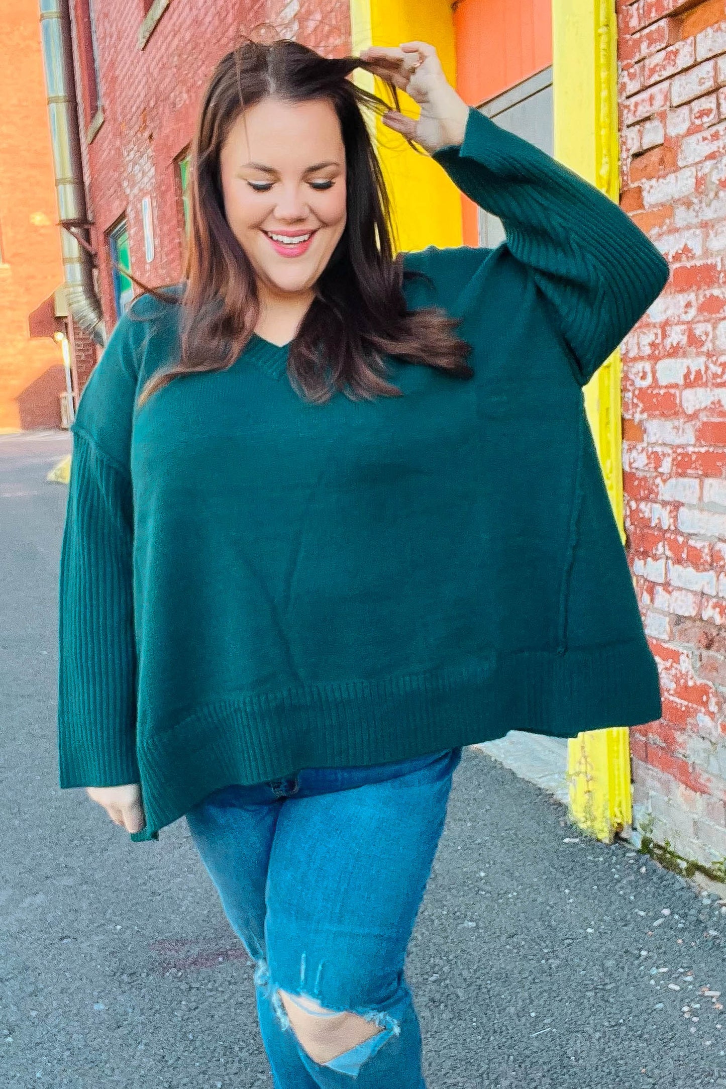 Haprics Hunter Green Oversized V Neck Rib Knit Sweater