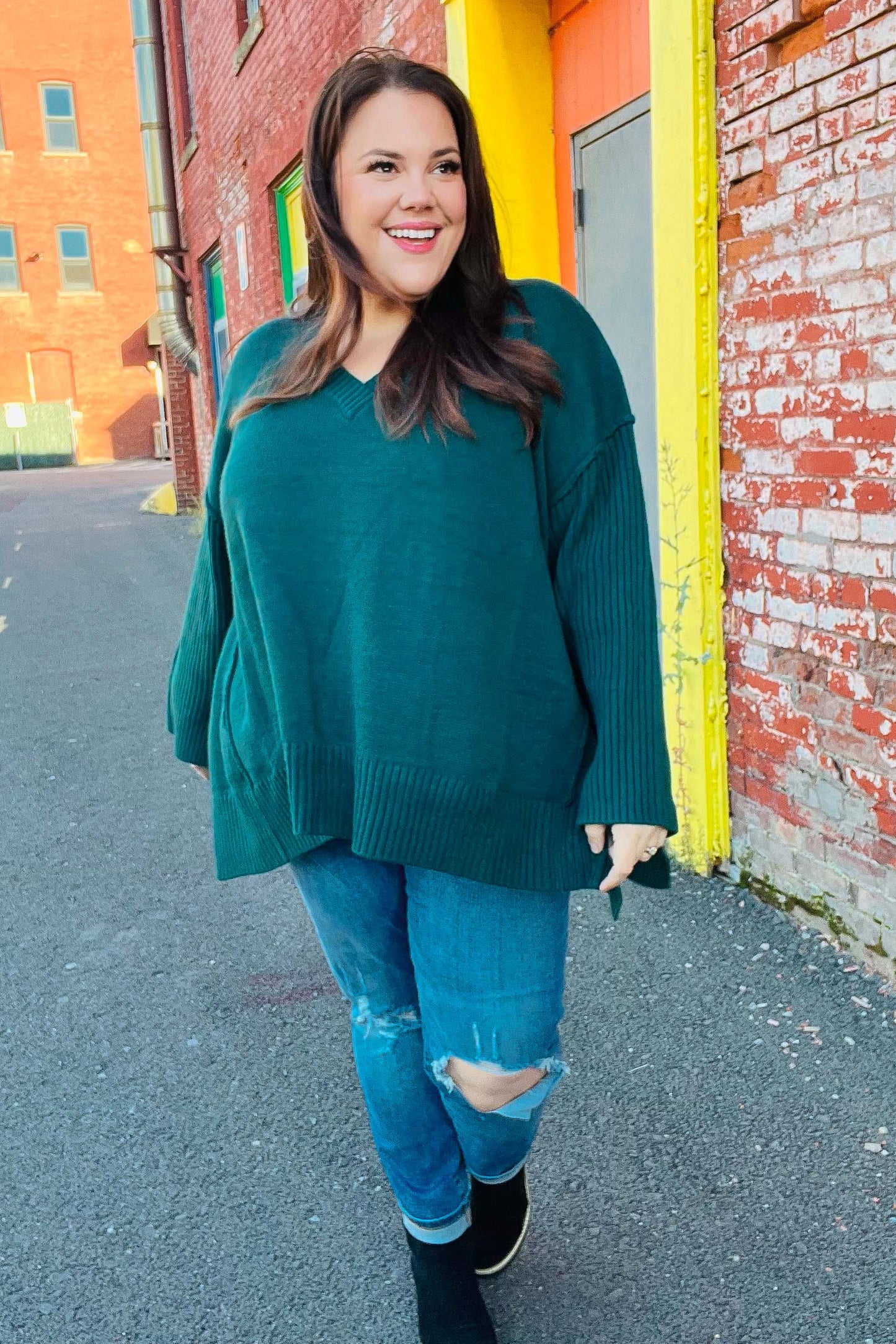 Haprics Hunter Green Oversized V Neck Rib Knit Sweater