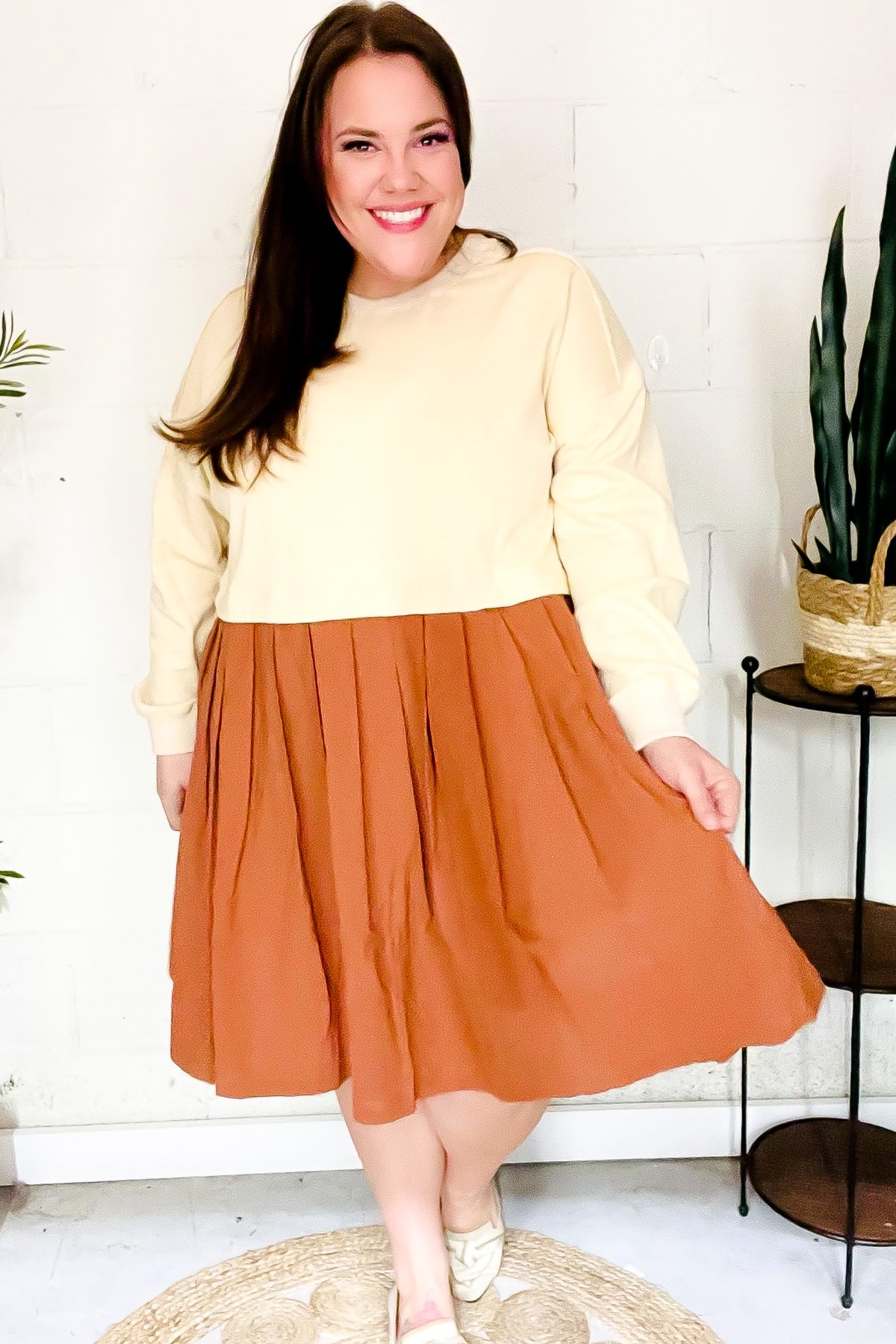 Haptics Cream & Rust Pleated Skirt French Terry Cotton Dress