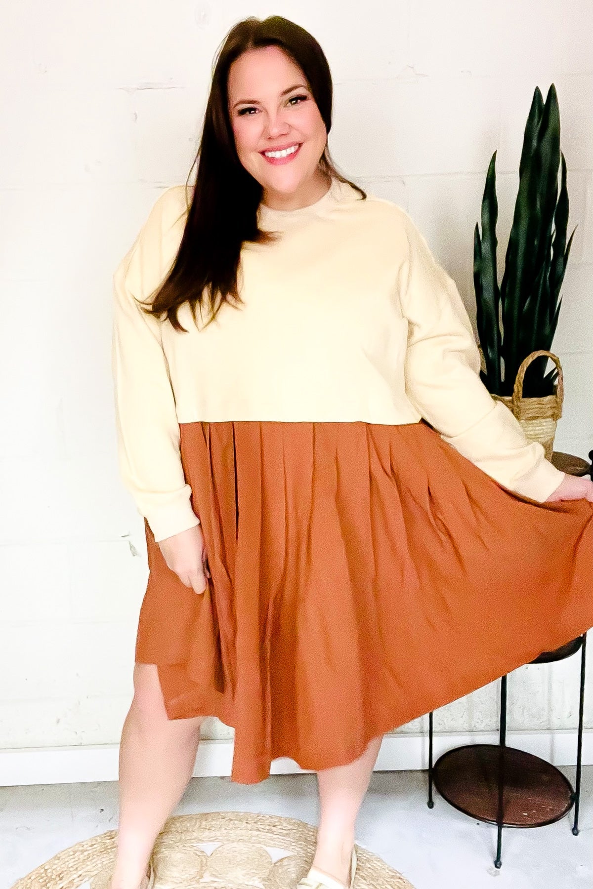 Haptics Cream & Rust Pleated Skirt French Terry Cotton Dress