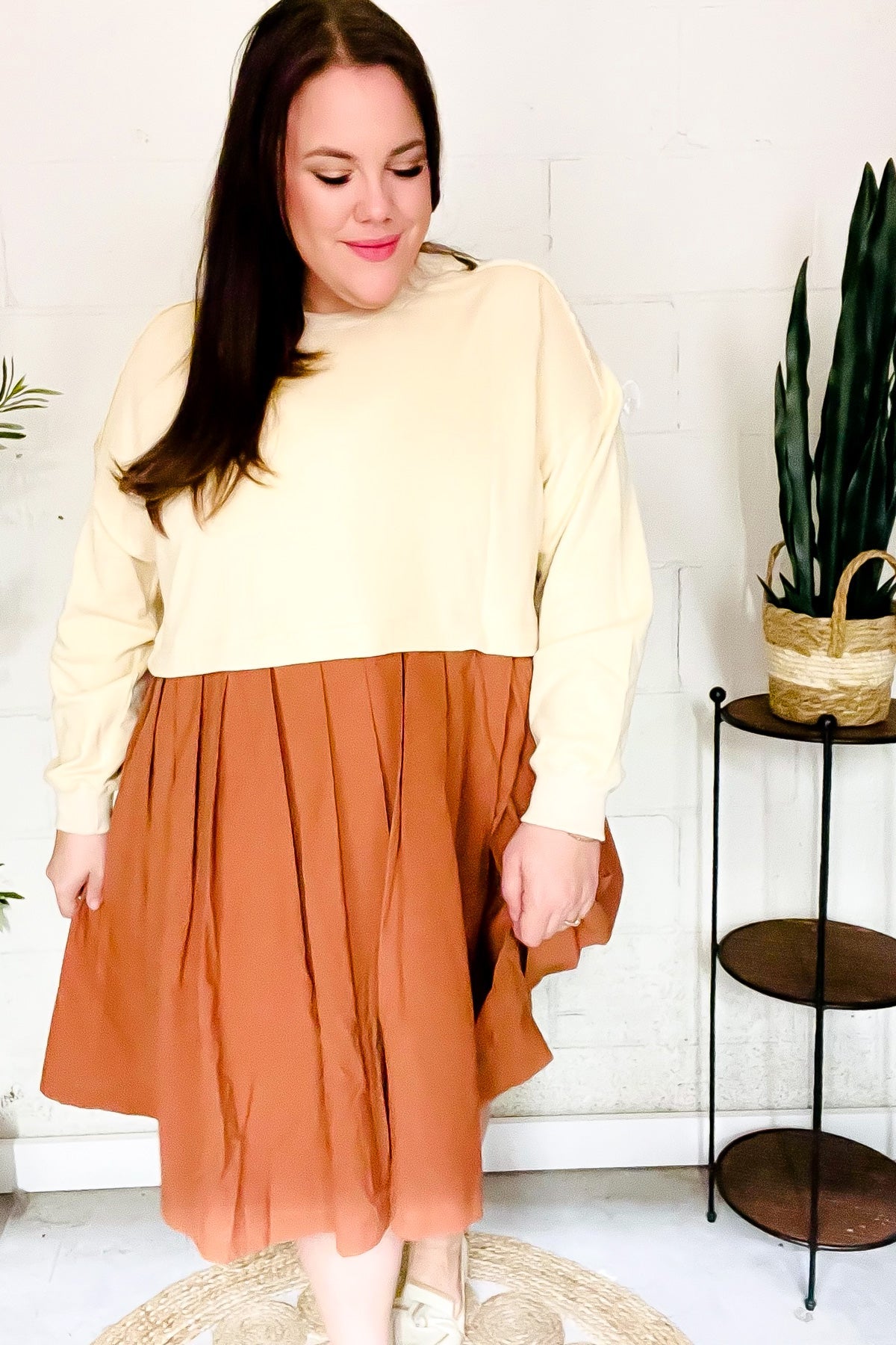 Haptics Cream & Rust Pleated Skirt French Terry Cotton Dress