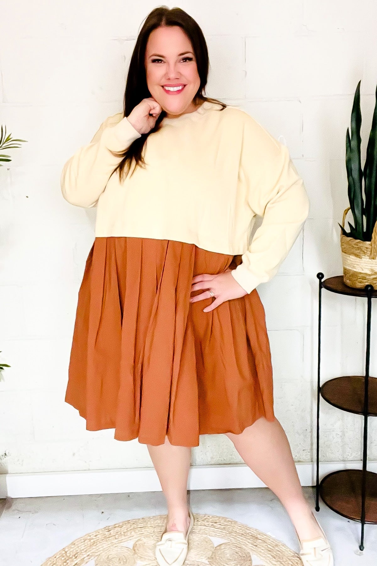 Haptics Cream & Rust Pleated Skirt French Terry Cotton Dress