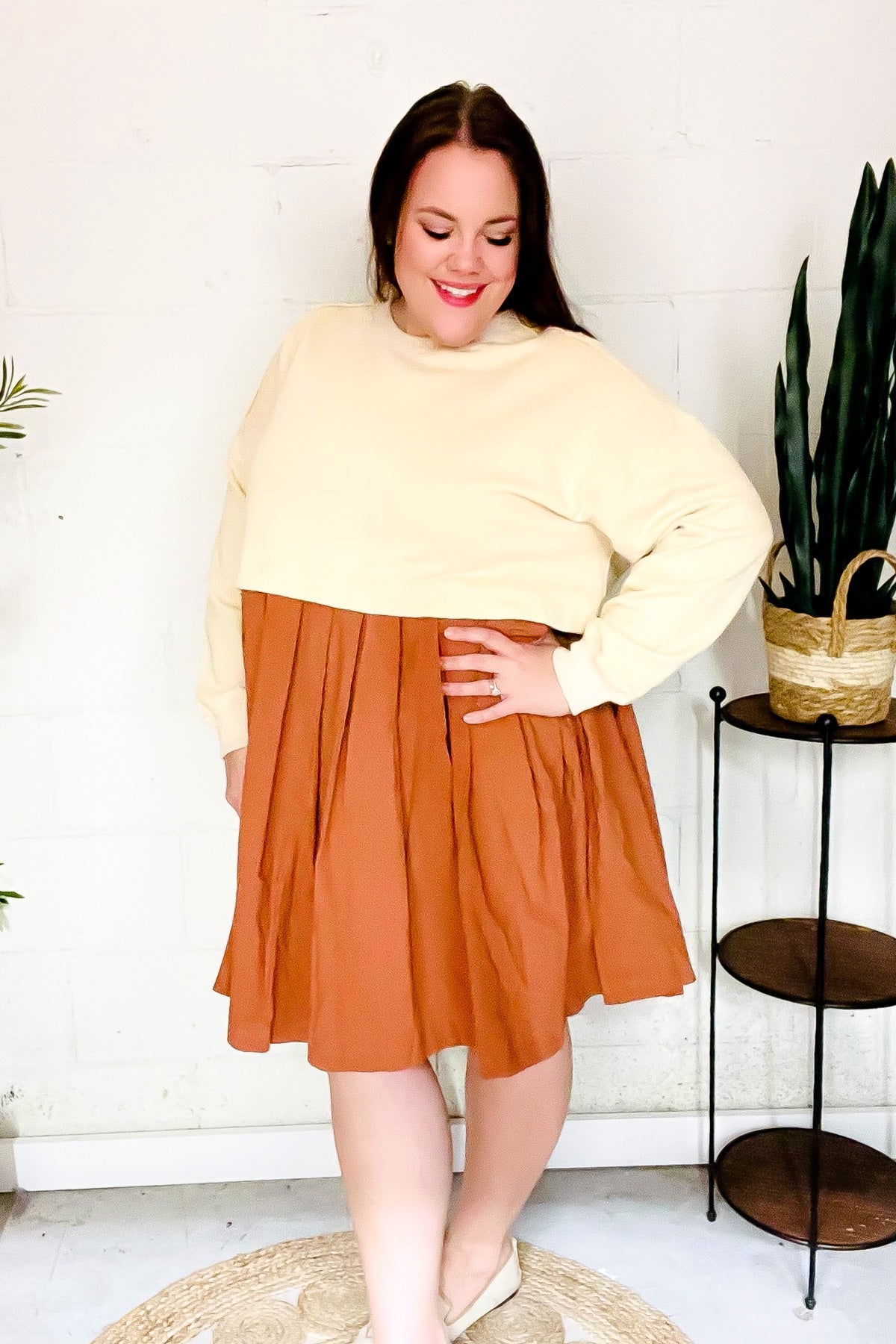 Haptics Cream & Rust Pleated Skirt French Terry Cotton Dress