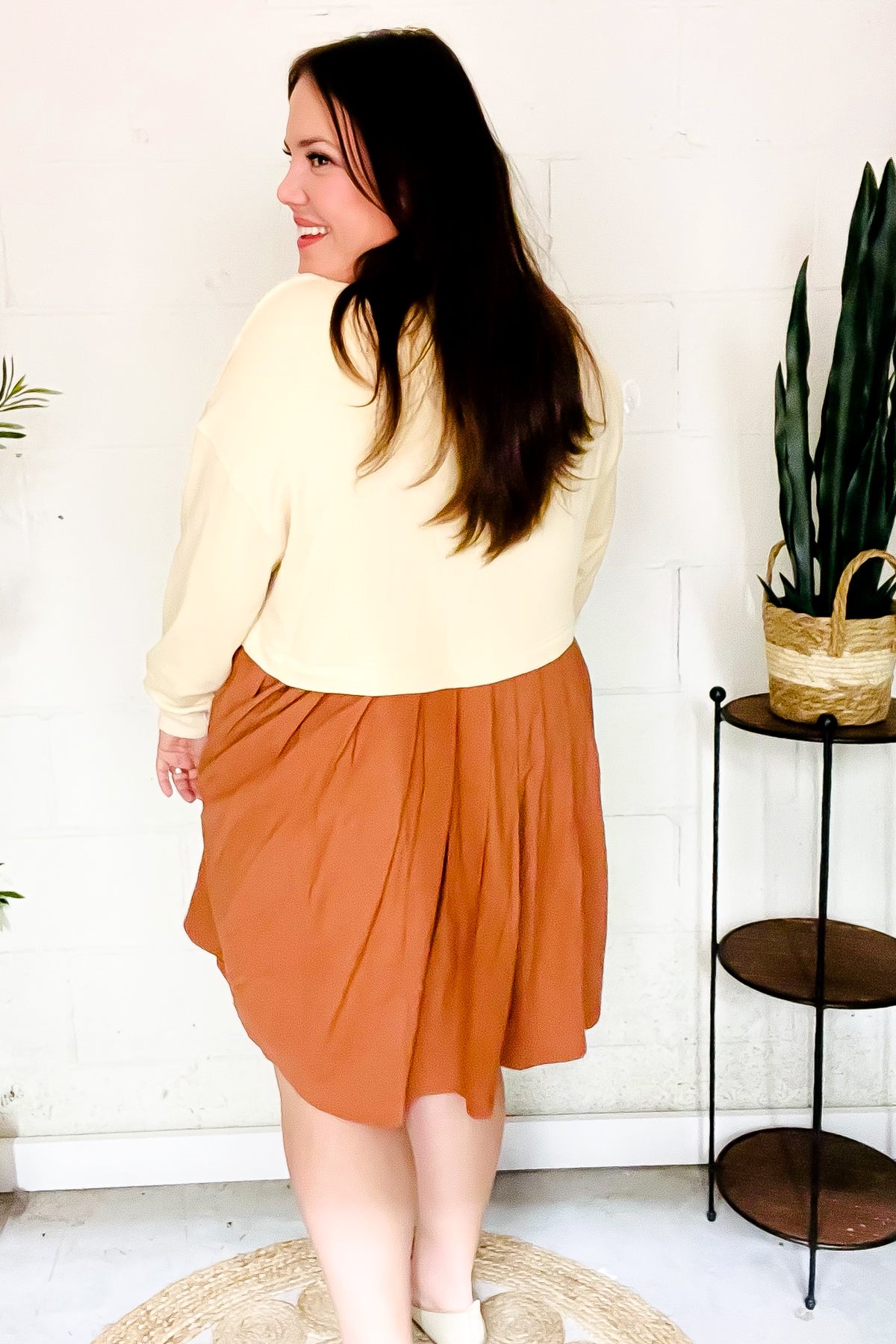 Haptics Cream & Rust Pleated Skirt French Terry Cotton Dress