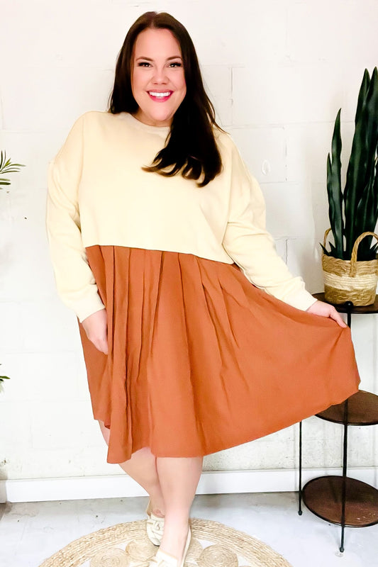 Haptics Cream & Rust Pleated Skirt French Terry Cotton Dress