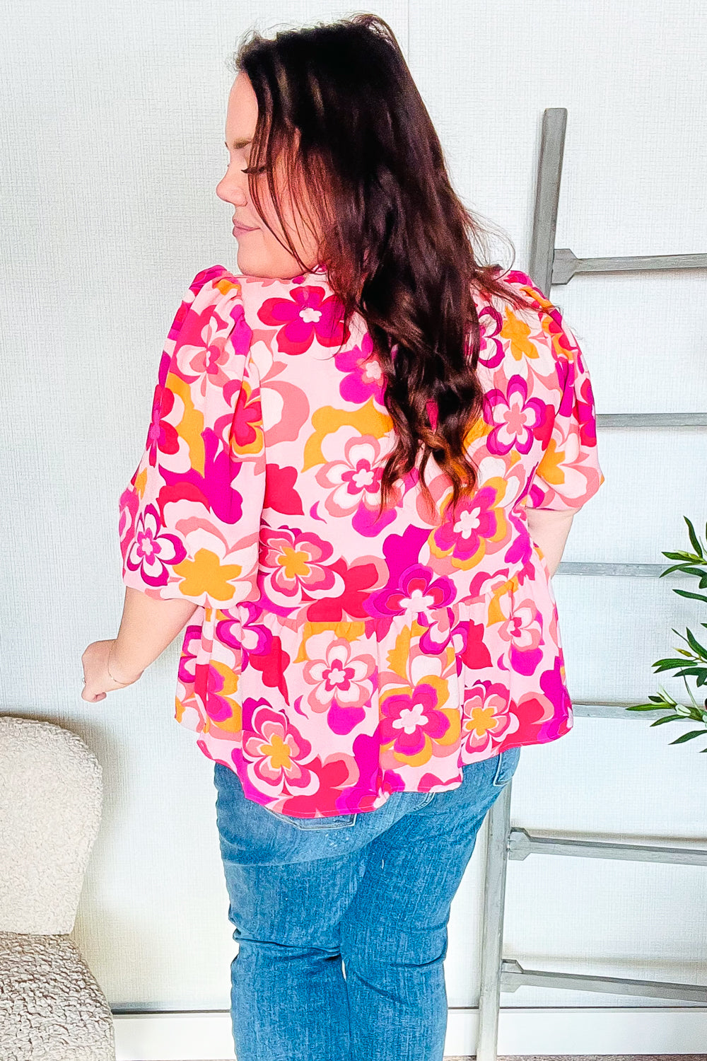 Haptics Pink/Yellow Floral Frill Balloon Short Sleeve Top