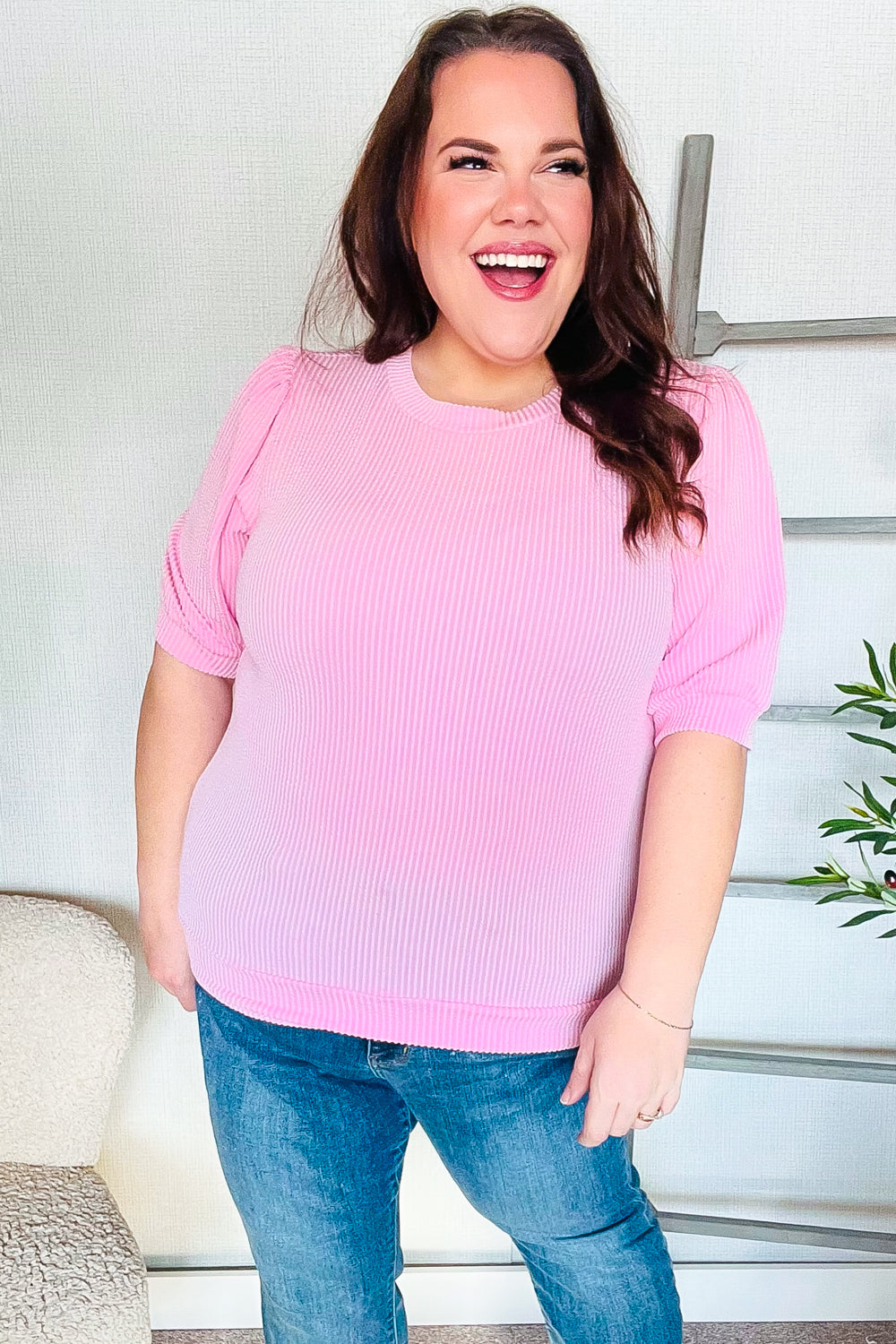 Haptics Pink Puff Bubble Short Sleeve Wavy Rib Knit Top