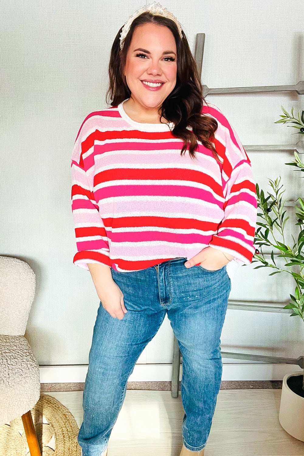 Red/Pink Loose Knit Stripe Ribbed Pullover