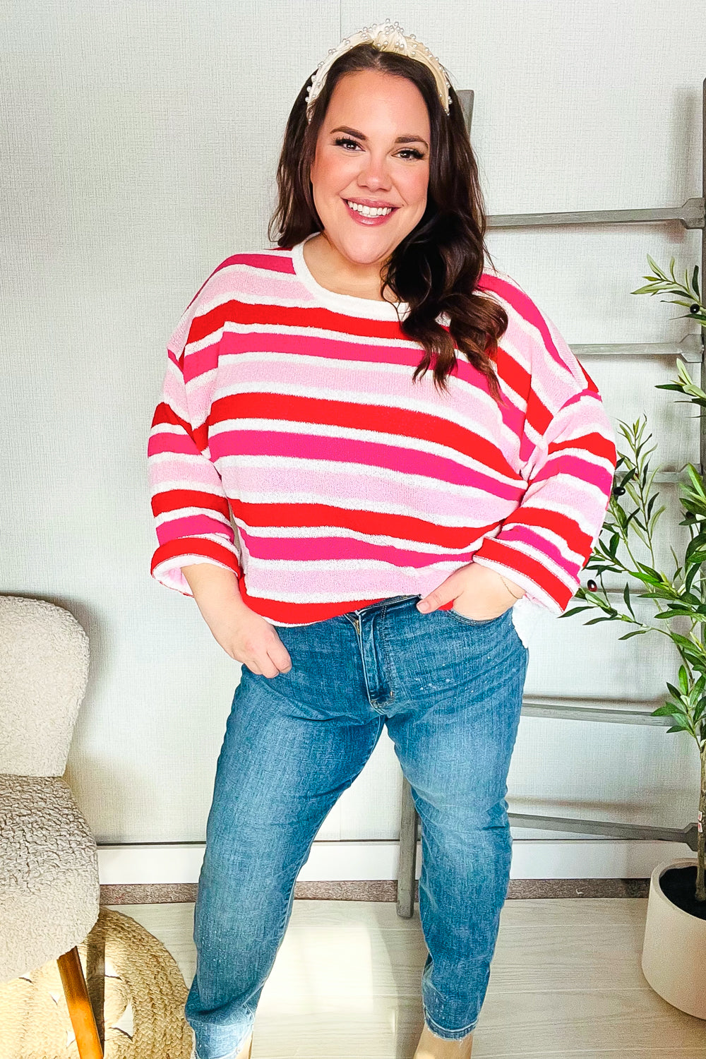 Red/Pink Loose Knit Stripe Ribbed Pullover