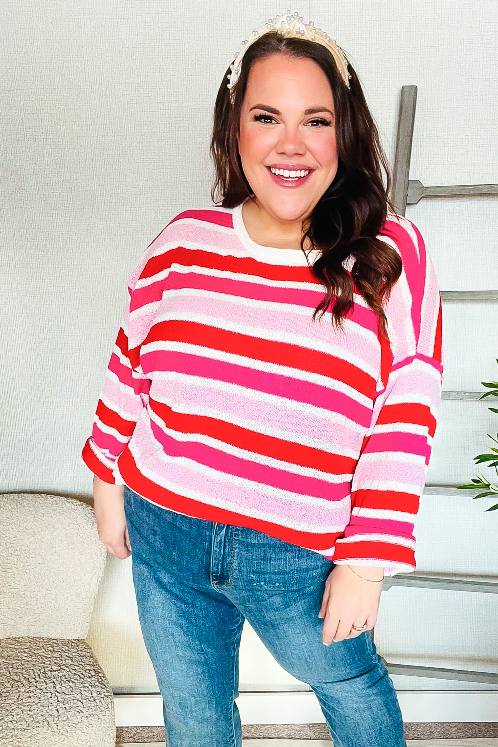 Red/Pink Loose Knit Stripe Ribbed Pullover