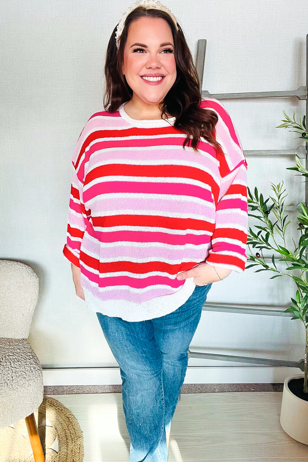 Red/Pink Loose Knit Stripe Ribbed Pullover